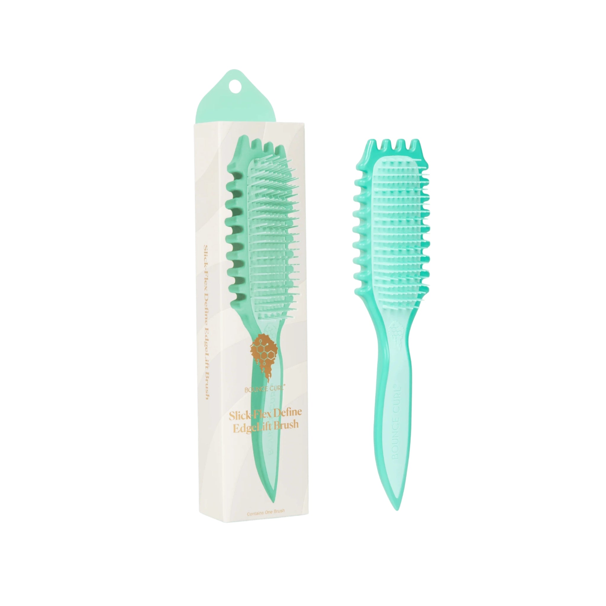 Bounce Curl Slick-Flex Define EdgeLift Brush i turkis med original emballage. En innovativ hårbørste til definition af krøller og skånsom styling.