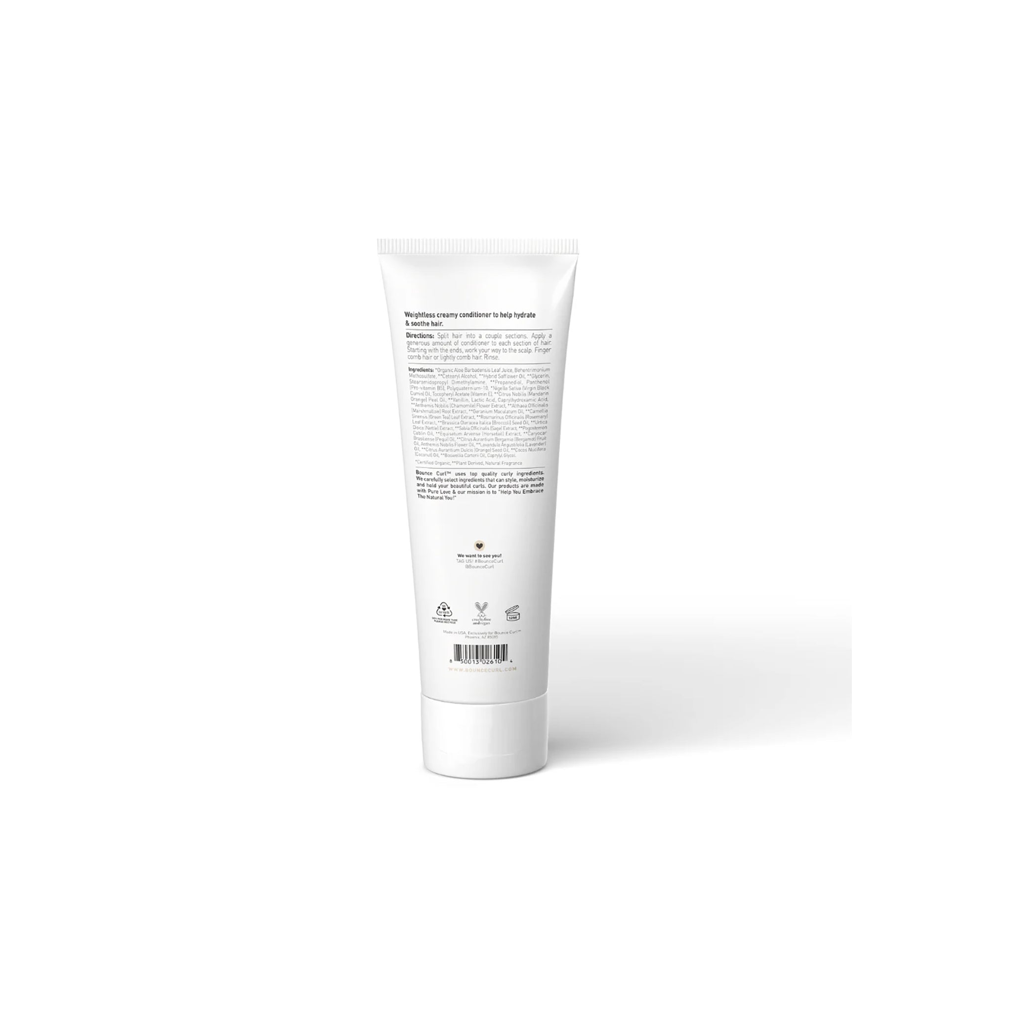 Bounce Curl Super Smooth Cream Conditioner 237ml med detaljeret ingrediensliste på bagsiden, formuleret til blødgøring og pleje af krøllet hår.