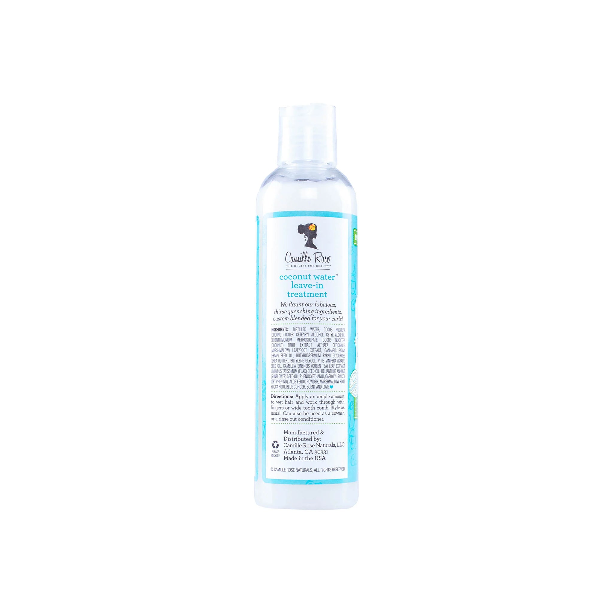 Nærbillede af bagsiden af en hvid flaske med Camille Rose Coconut Water Leave-In Detangling Treatment, der viser ingredienslisten.