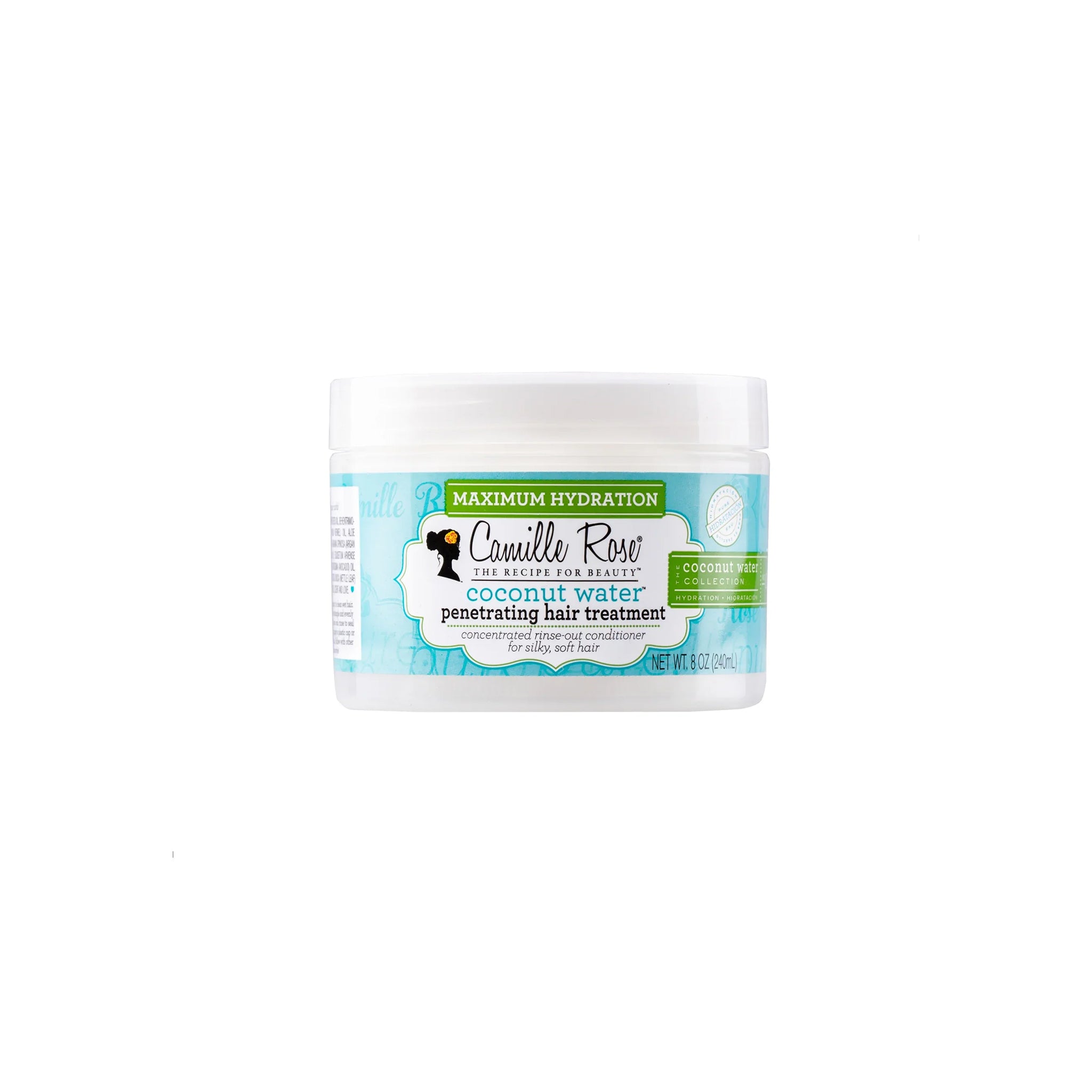 Hvid beholder med Camille Rose Coconut Water Penetrating Hair Treatment med lyseblå og grøn tekst.