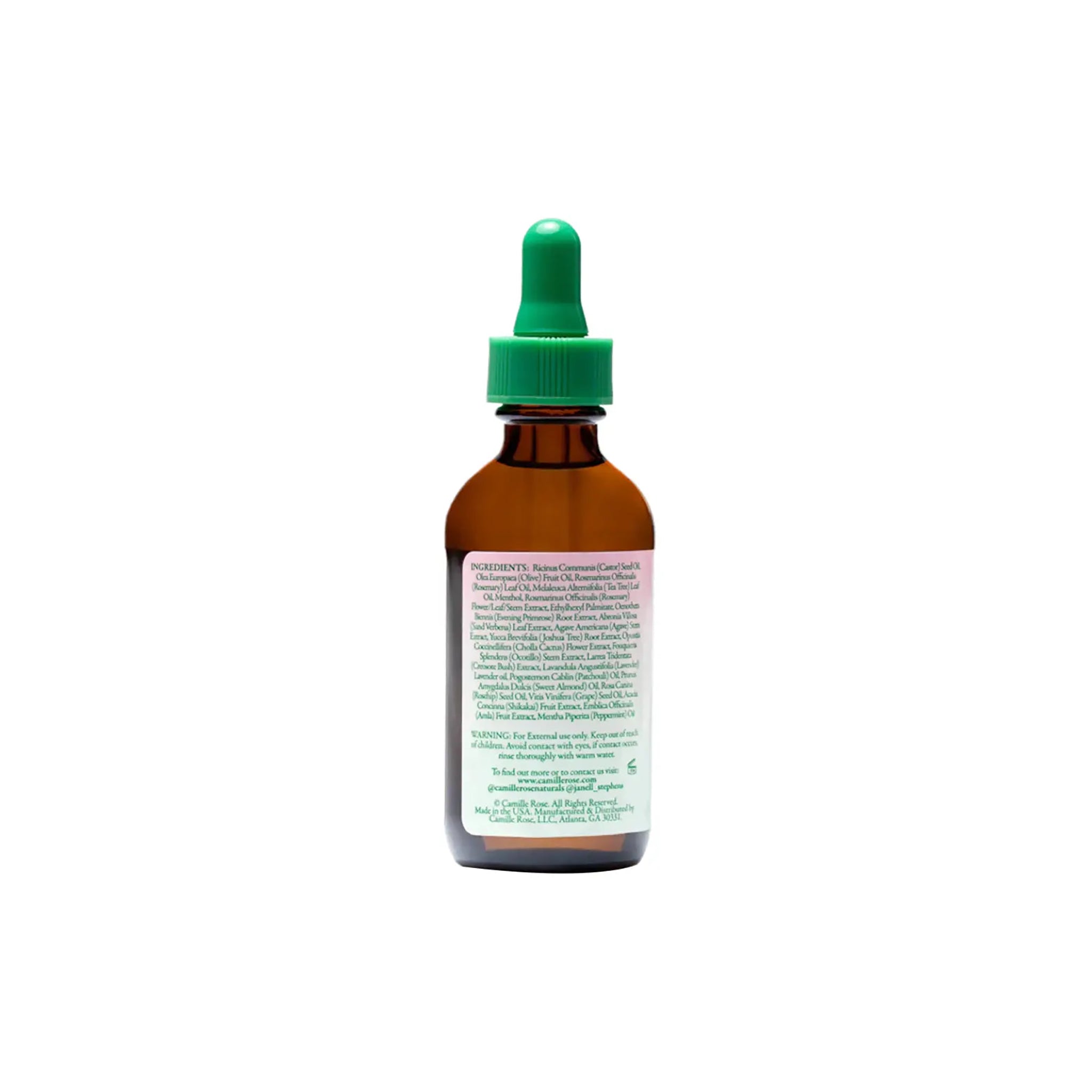 Bagsiden af en brun glasflaske med grøn pipette indeholdende Camille Rose Rosemary Oil Strengthening Hair & Scalp Drops. Etiketten indeholder en ingrediensliste, brugsanvisning og anden produktinformation.