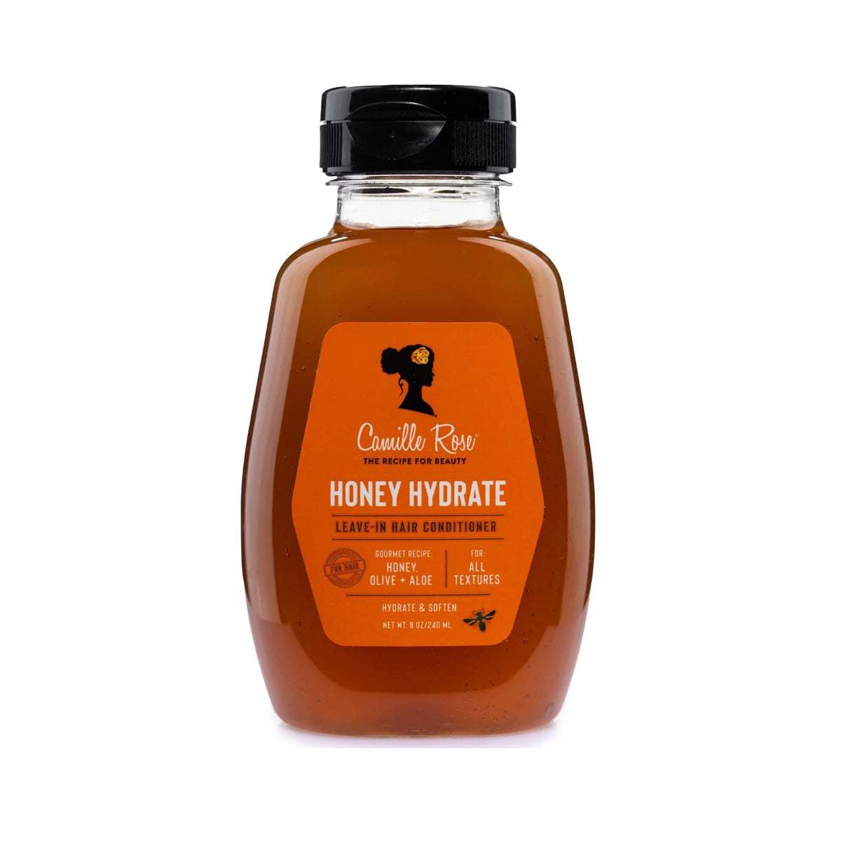 Camille Rose Honey Hydrate leave-in hårbalsam i klar flaske med sort låg og orange etiket.