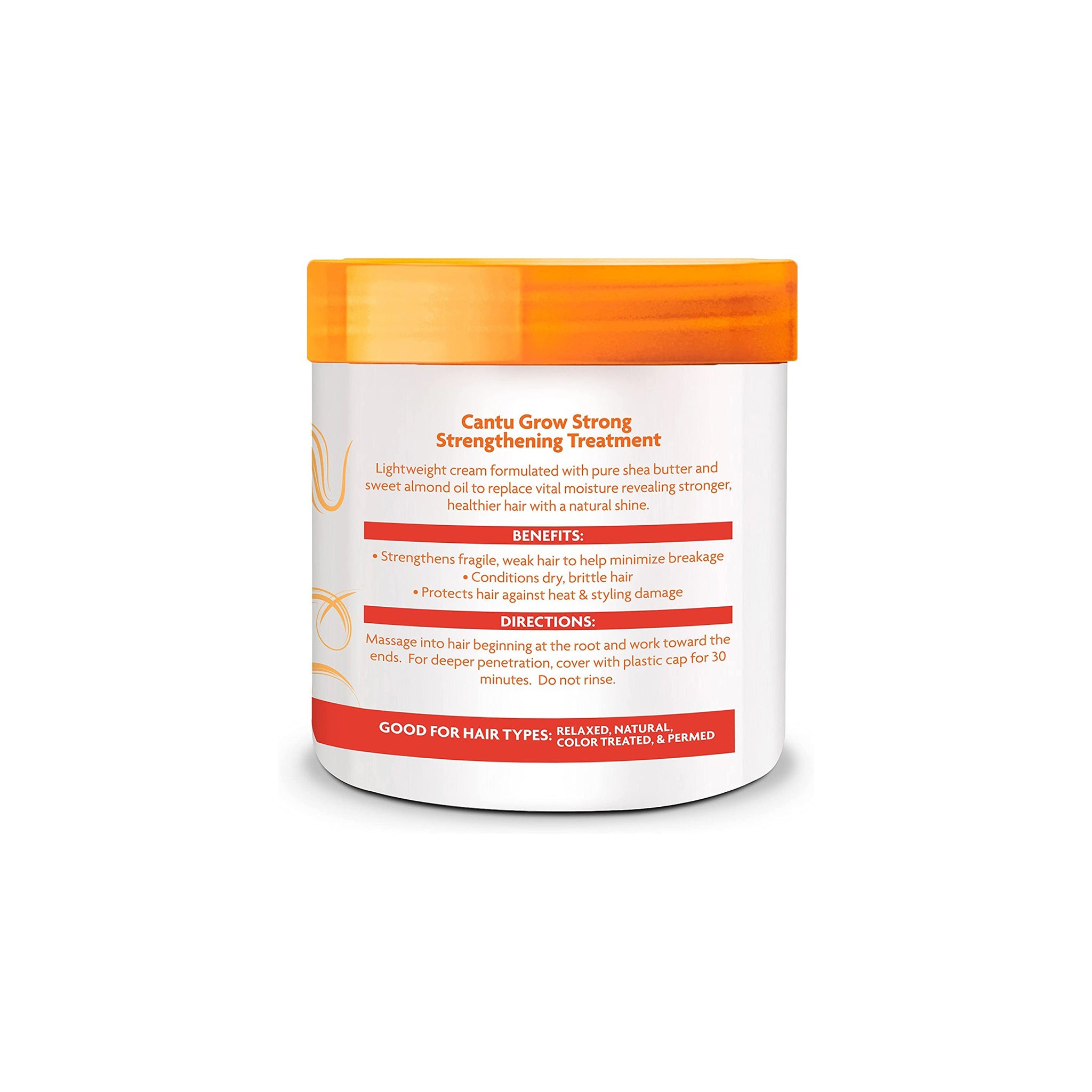 Bagsiden af en hvid beholder med orange låg indeholdende Cantu Shea Butter Grow Strong Strengthening Treatment.