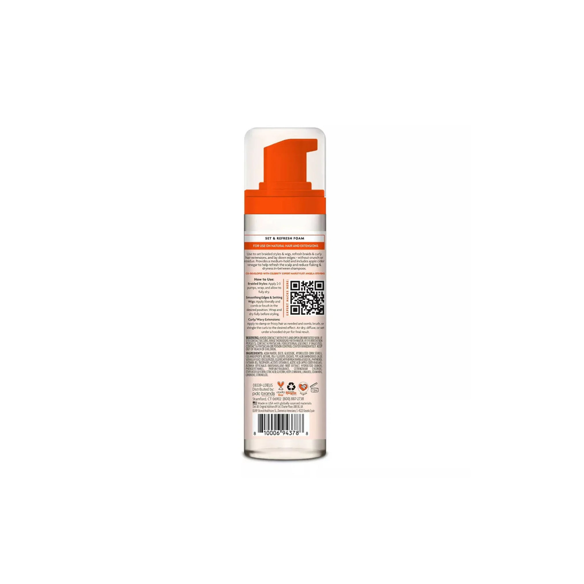 Etiketten på bagsiden af Cantu Protective Styles Set & Refresh Foam viser ingredienser og brugsanvisning.