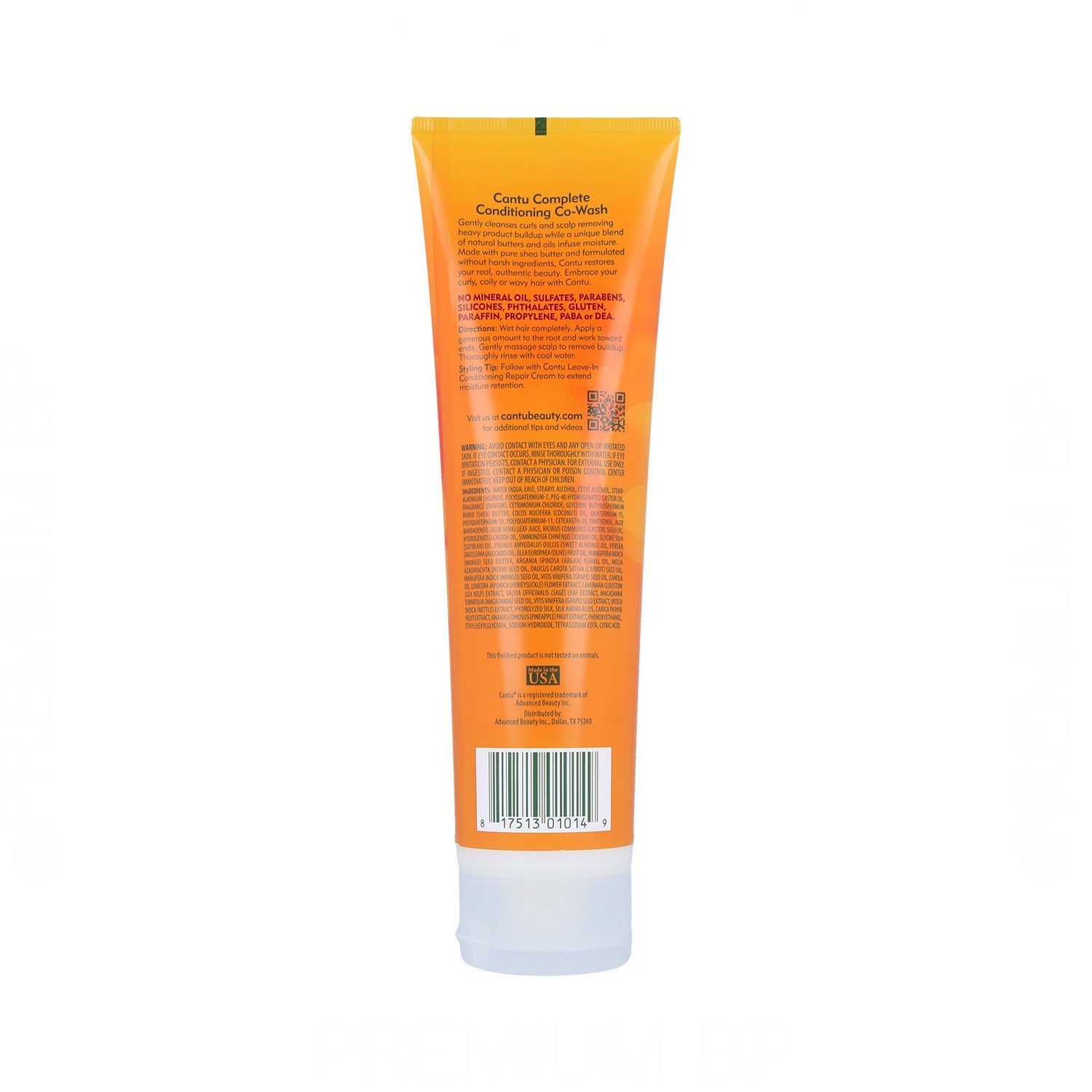 Bagsiden af Cantu Shea Butter Complete Conditioning Co-Wash (283g) orange tube med ingrediensliste og brugsanvisning.