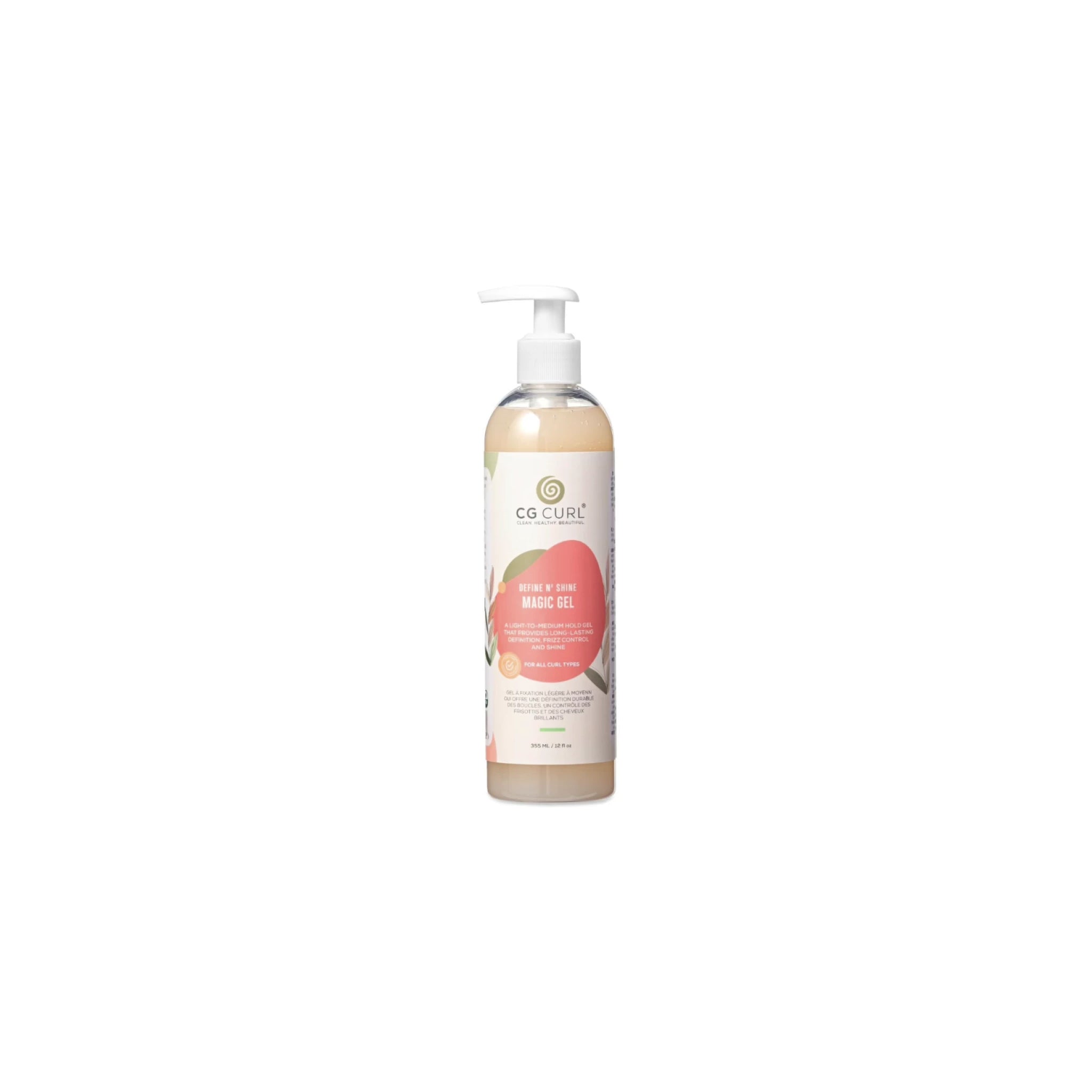 Flaske med CG Curl Define N' Shine Magic Gel med hvid pumpe.