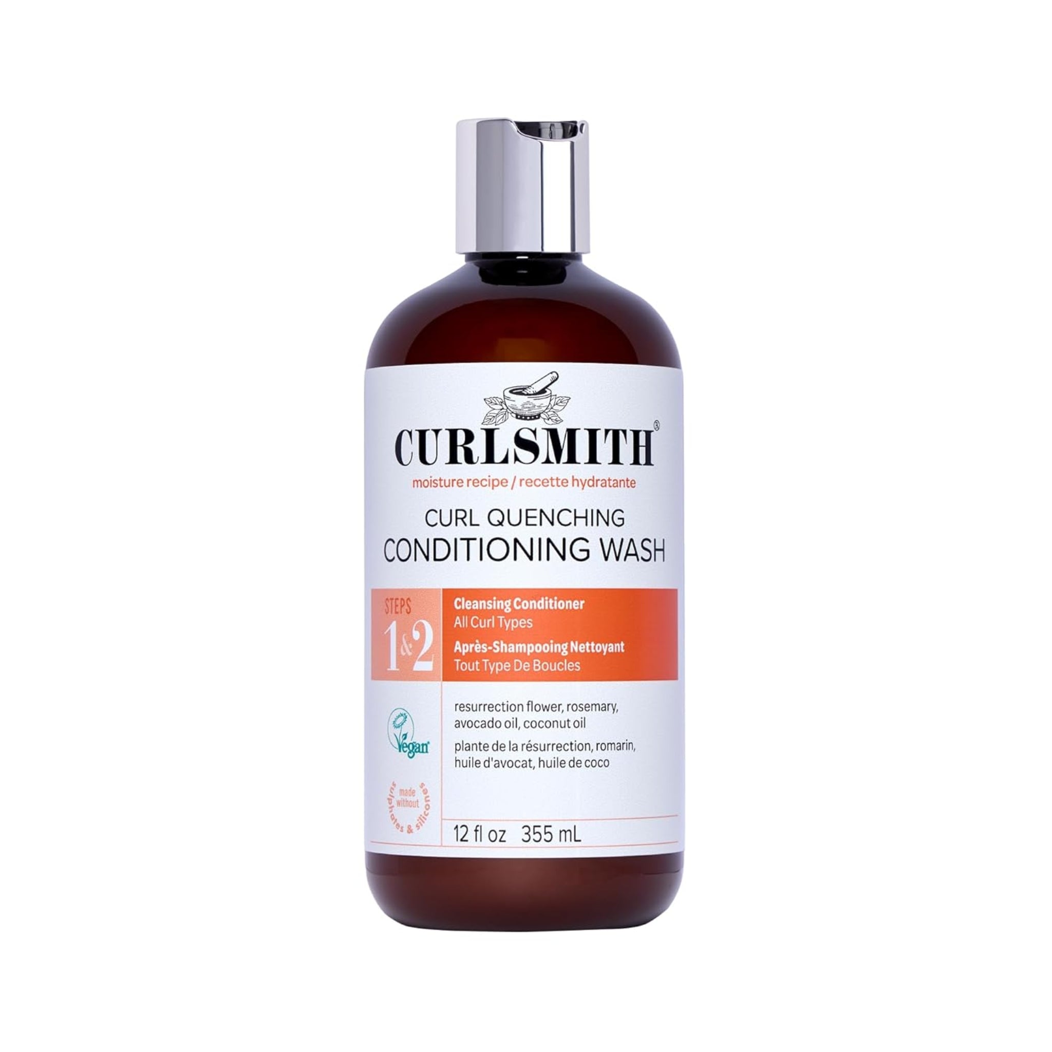 Curlsmith Curl Quenching Conditioning Wash i brun 355 ml flaske med hvidt og orange etiket.