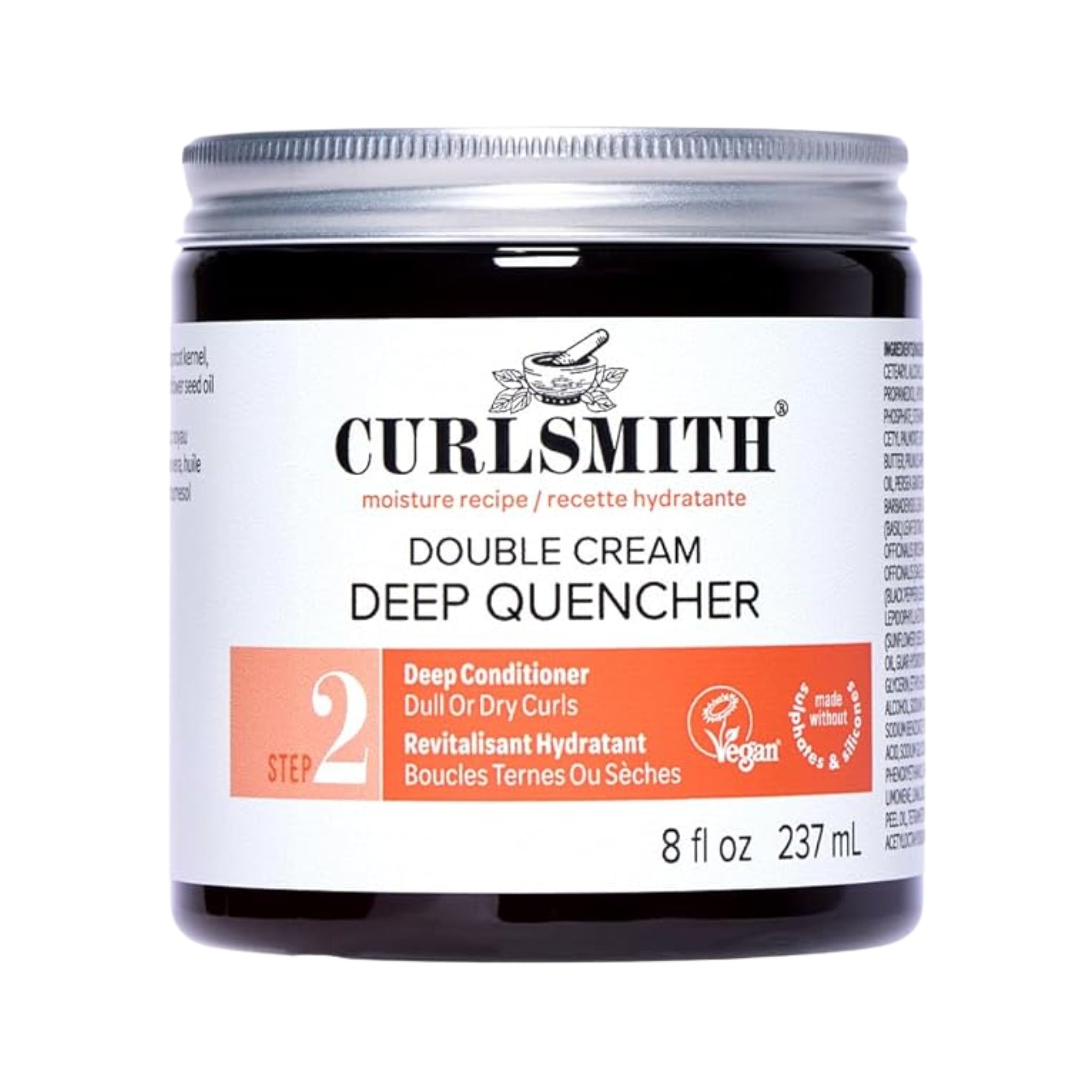 Curlsmith Double Cream Deep Quencher dybdegående hårbalsam i sort krukke med sølvlåg, 237 ml.