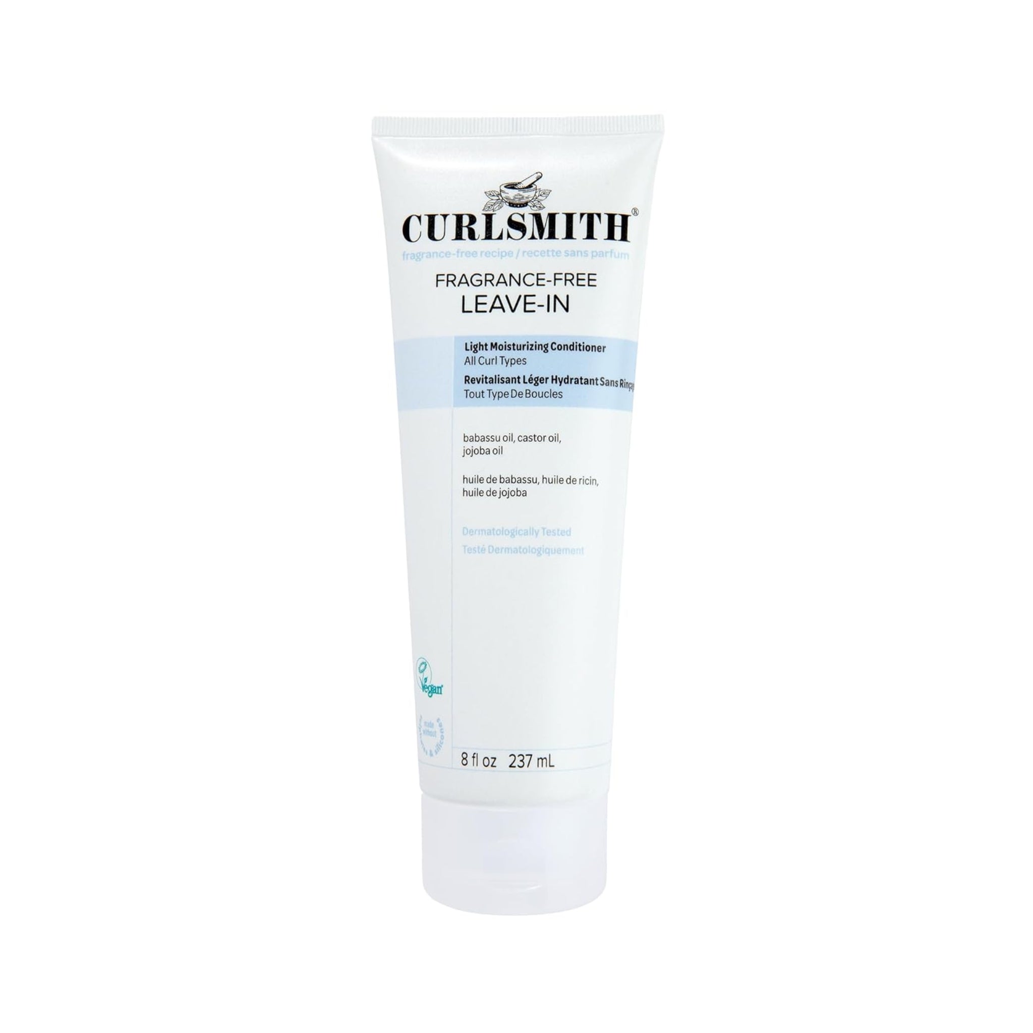Curlsmith Fragrance-Free Leave-In hvid tube, 237 ml, med blå etiket til alle krøltyper.