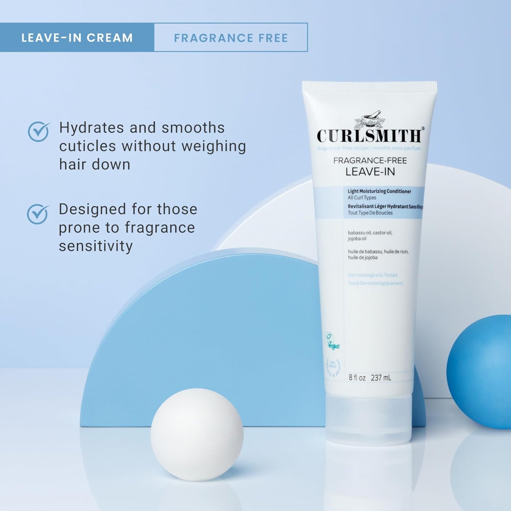 Curlsmith Fragrance-Free Leave-In creme i hvid tube, 237 ml, mellem blå og hvide dekorative kugler.