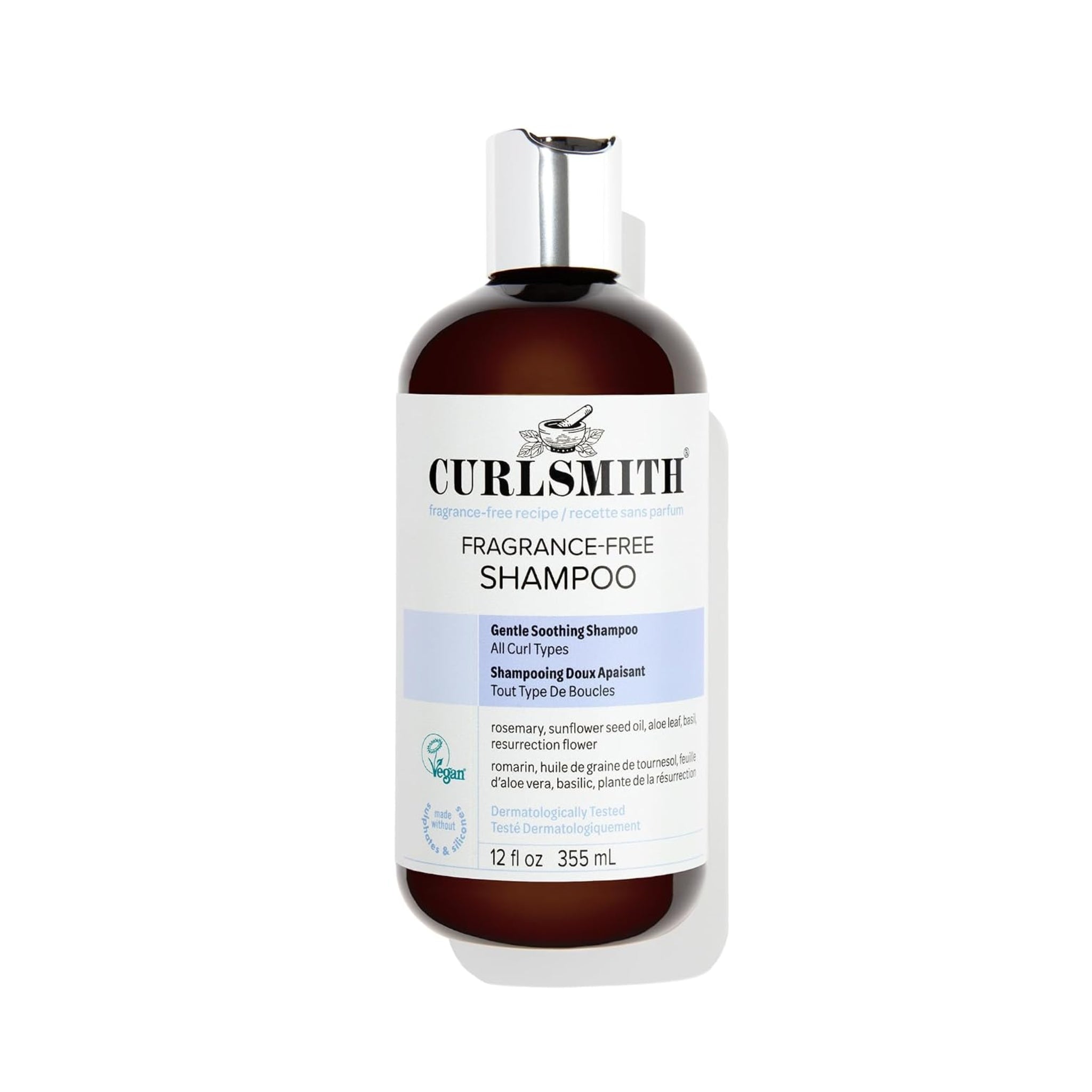 Curlsmith Fragrance-Free Shampoo i brun flaske med sølvlåg, hvidt etiket og lyseblå detaljer, 355 ml.