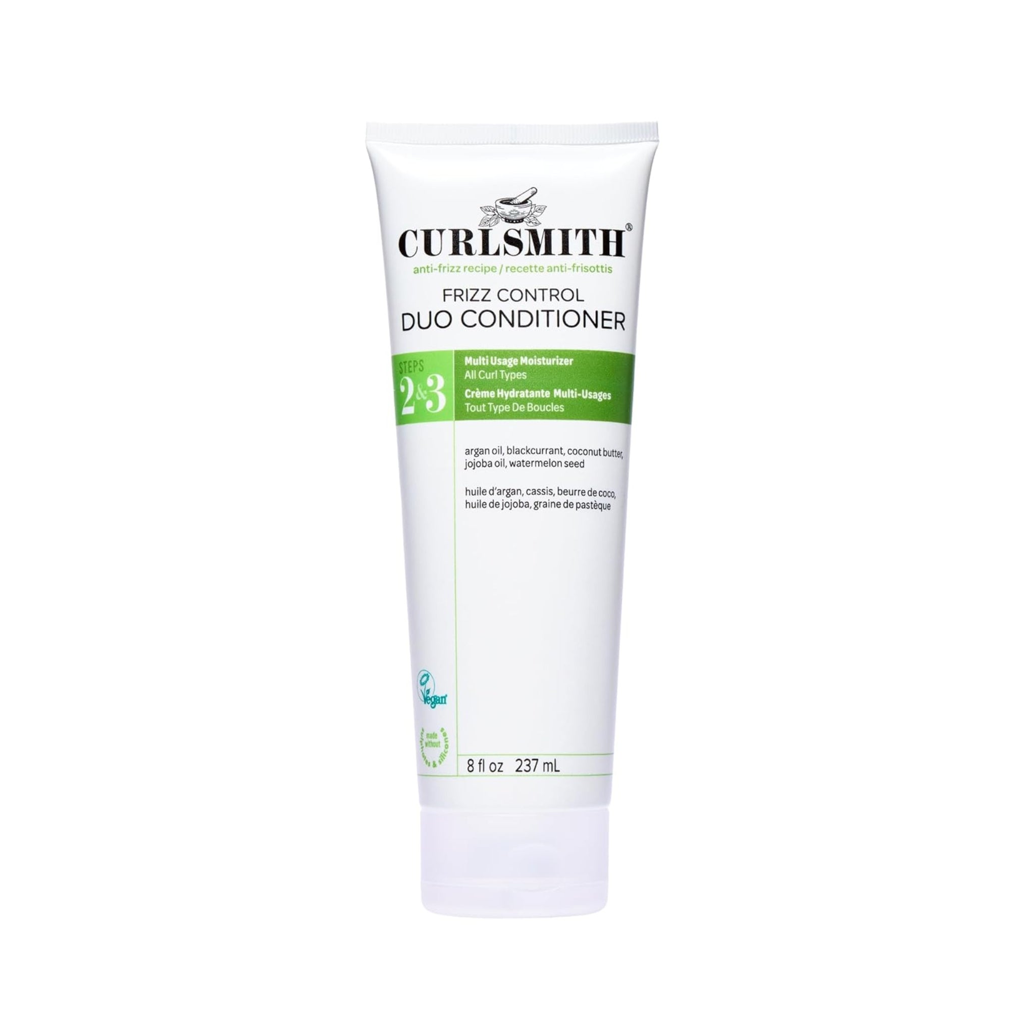 Curlsmith Frizz Control Duo Conditioner i hvid tube på 237 ml med grønt etiket til trin 2 og 3.