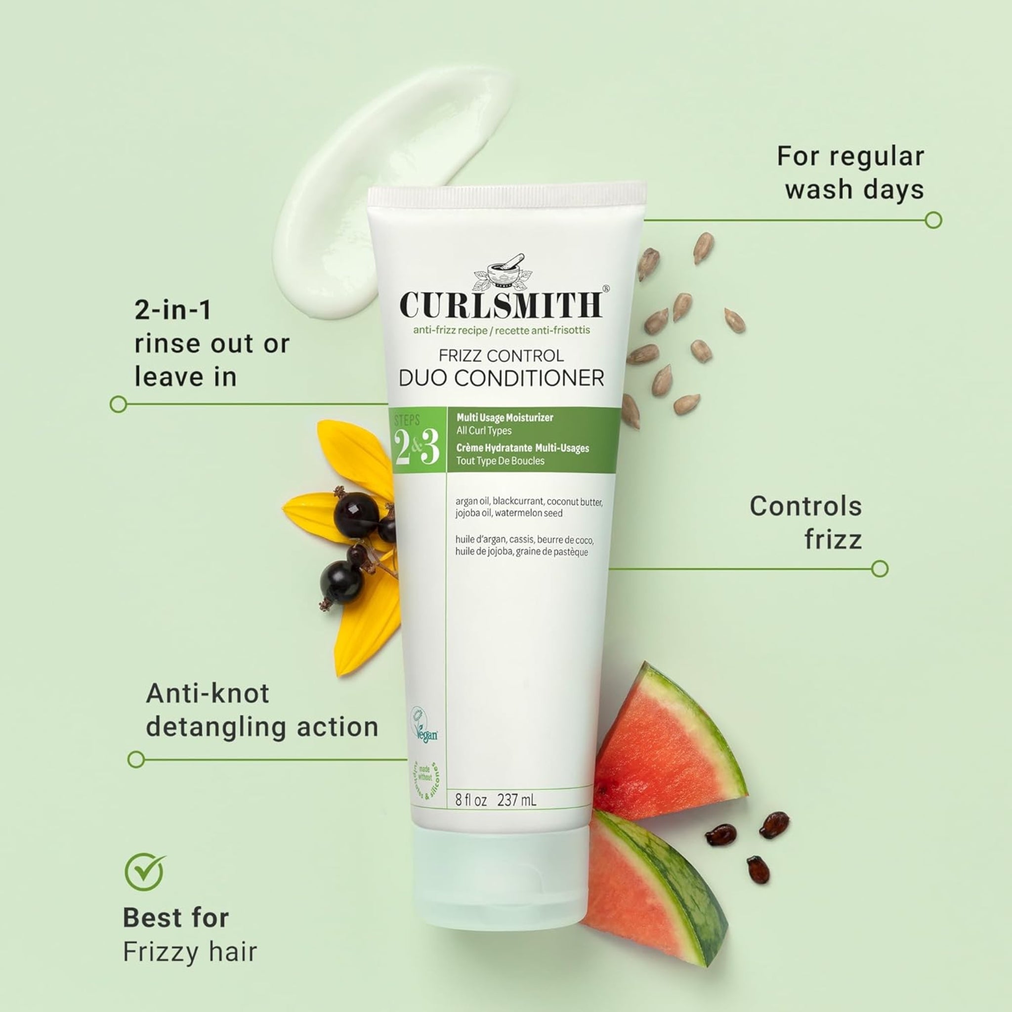 Curlsmith Frizz Control Duo Conditioner tube med creme, argan, ribs, jojoba og vandmelonfrø på lysegrøn baggrund.