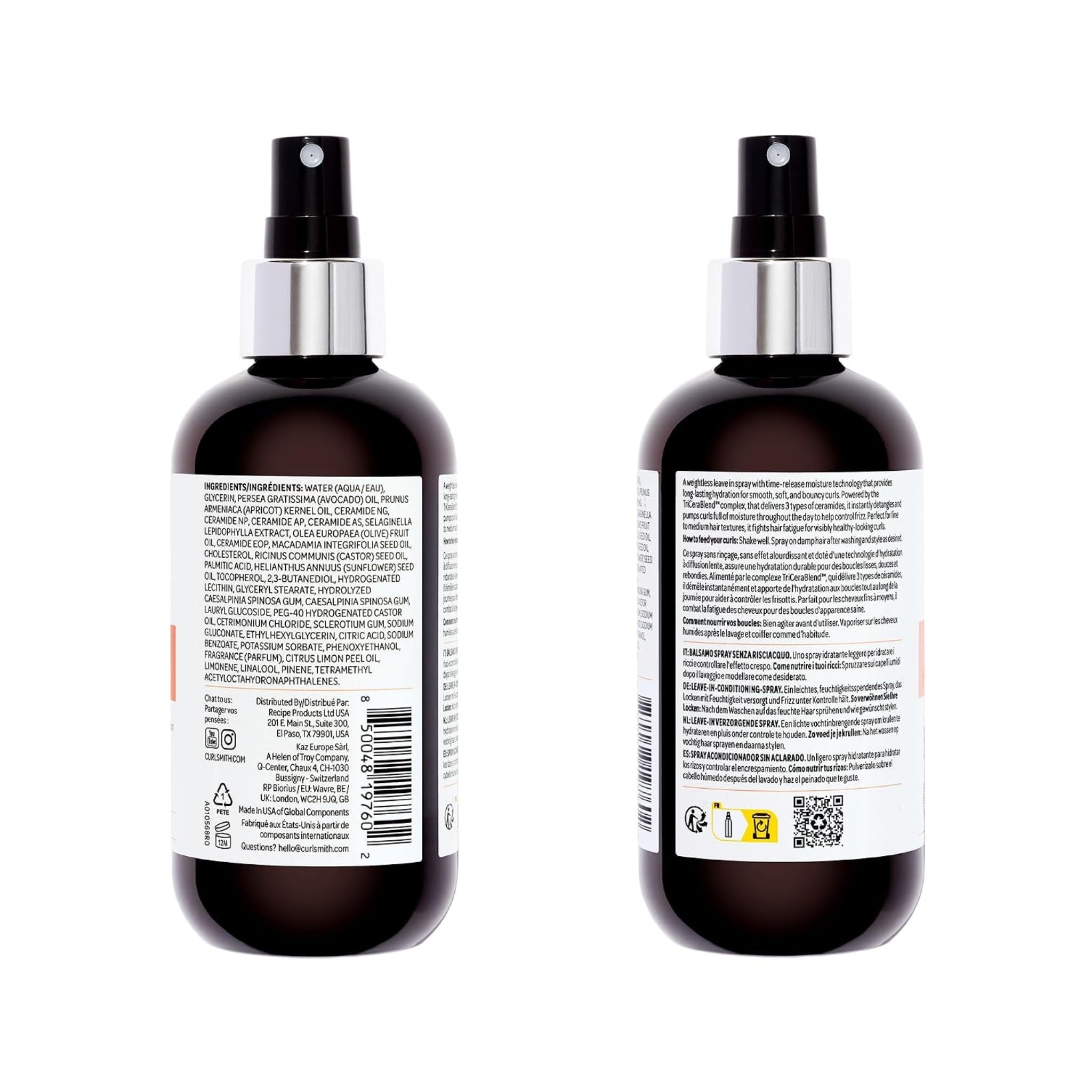 To brune spraypumpeflasker med Curlsmith leave-in conditioning spray, ingredienser og brugsanvisning på etiket.