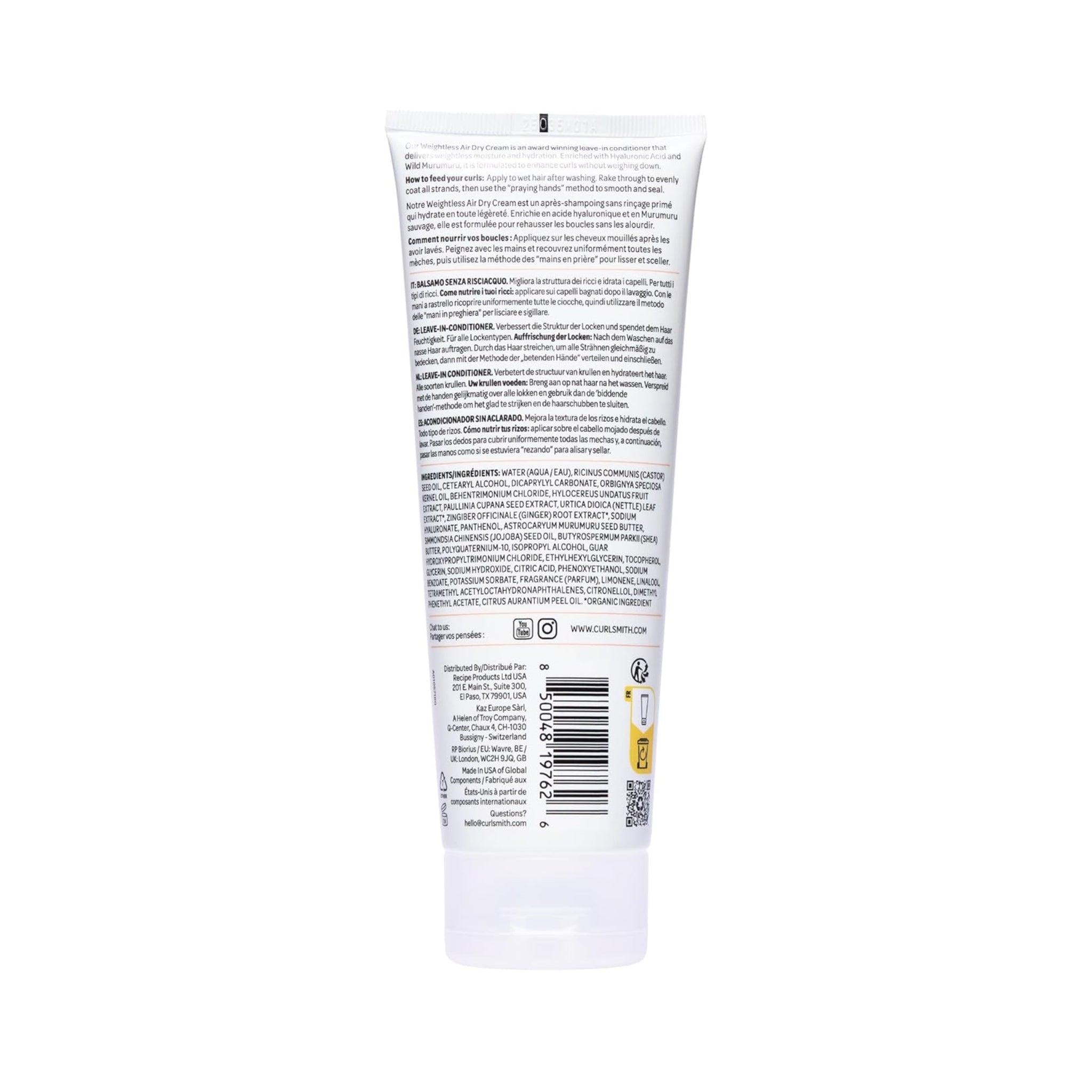 Curlsmith Weightless Air Dry Cream i hvid tube med brugsanvisning og ingrediensliste på flere sprog.