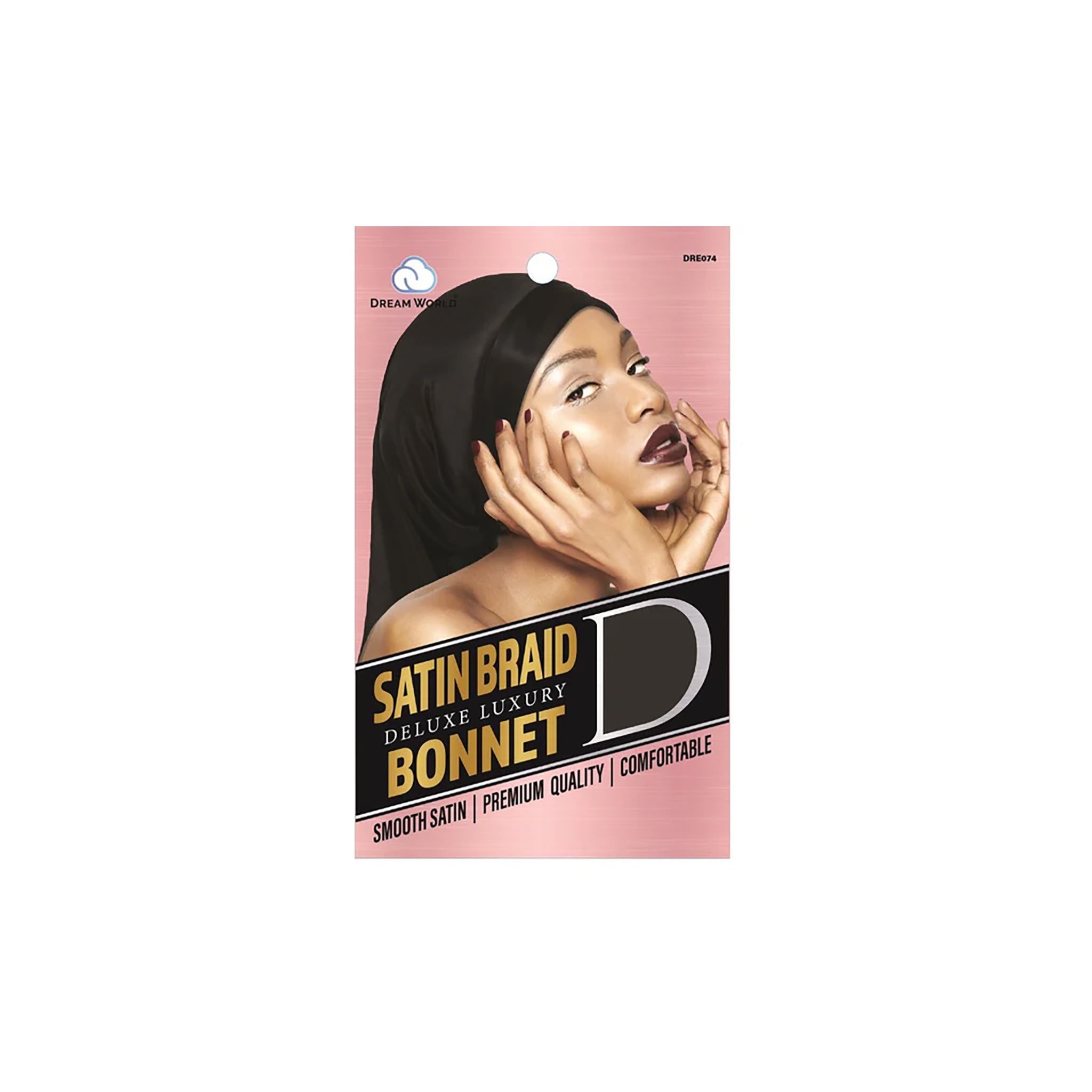 Emballage til Dream World Satin Braid Bonnet Black DRE074, sort satin-hætte med glat finish, komfort og premium kvalitet til fletninger og langt hår.