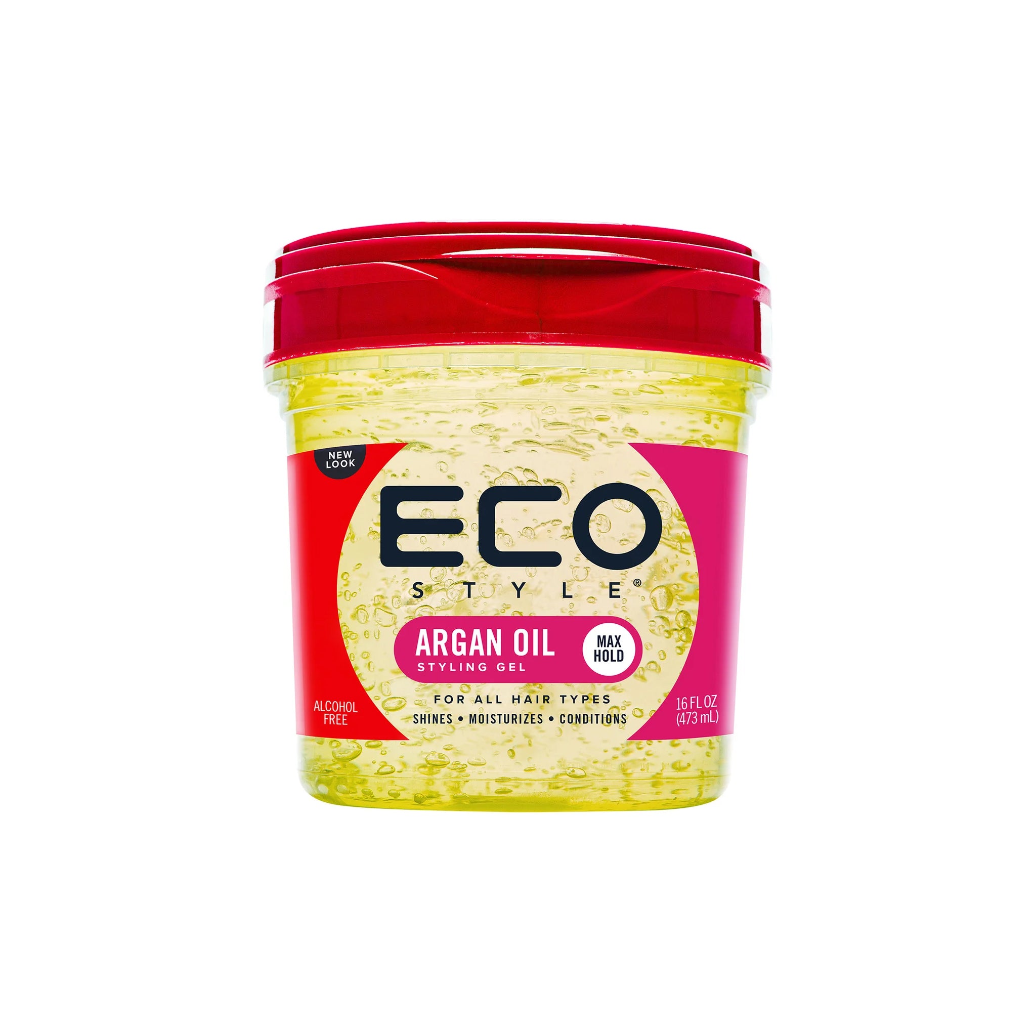 Eco Styler Argan Oil Styling Gel (473 ml) med rød låg og etiket. Gelen er klar og beregnet til alle hårtyper for at give maksimalt hold, glans, fugt og pleje.