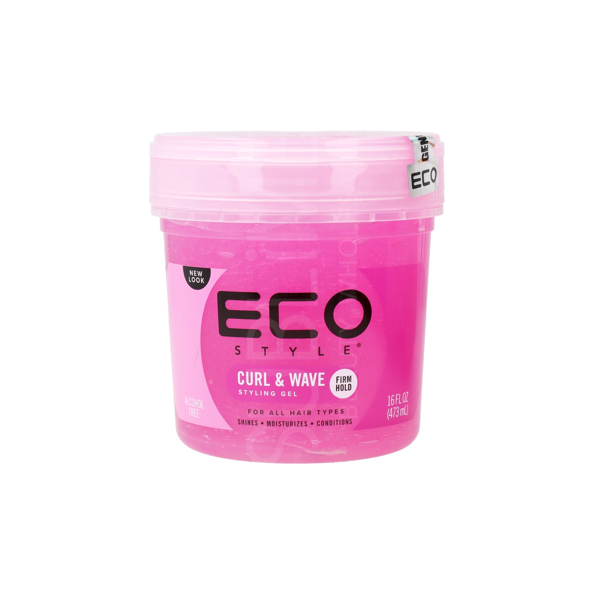 Pink beholder Eco Style Styling Gel Curl & Wave 473ml med gennemsigtigt låg, alkoholfri gelé til krøllet hår med medium stærkt hold og definition.