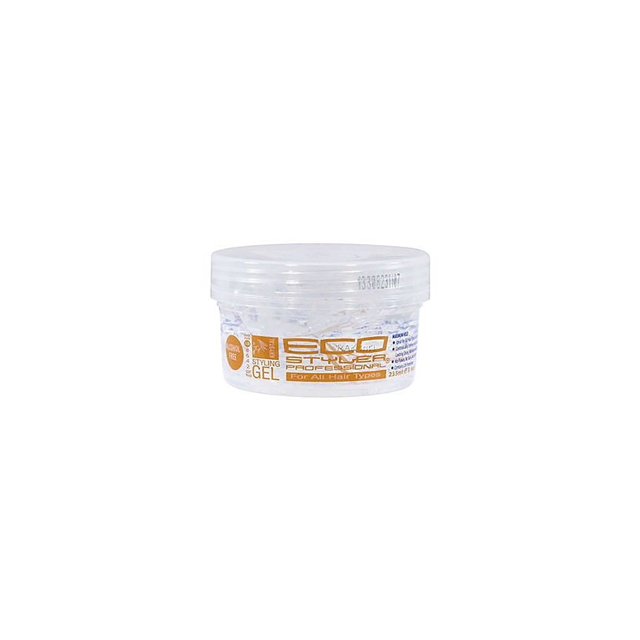 Klar beholder Eco Style Styling Gel Krystal 236ml med gennemsigtigt låg og gylden etiket, alkoholfri gelé til alle hårtyper med stærkt hold og glans