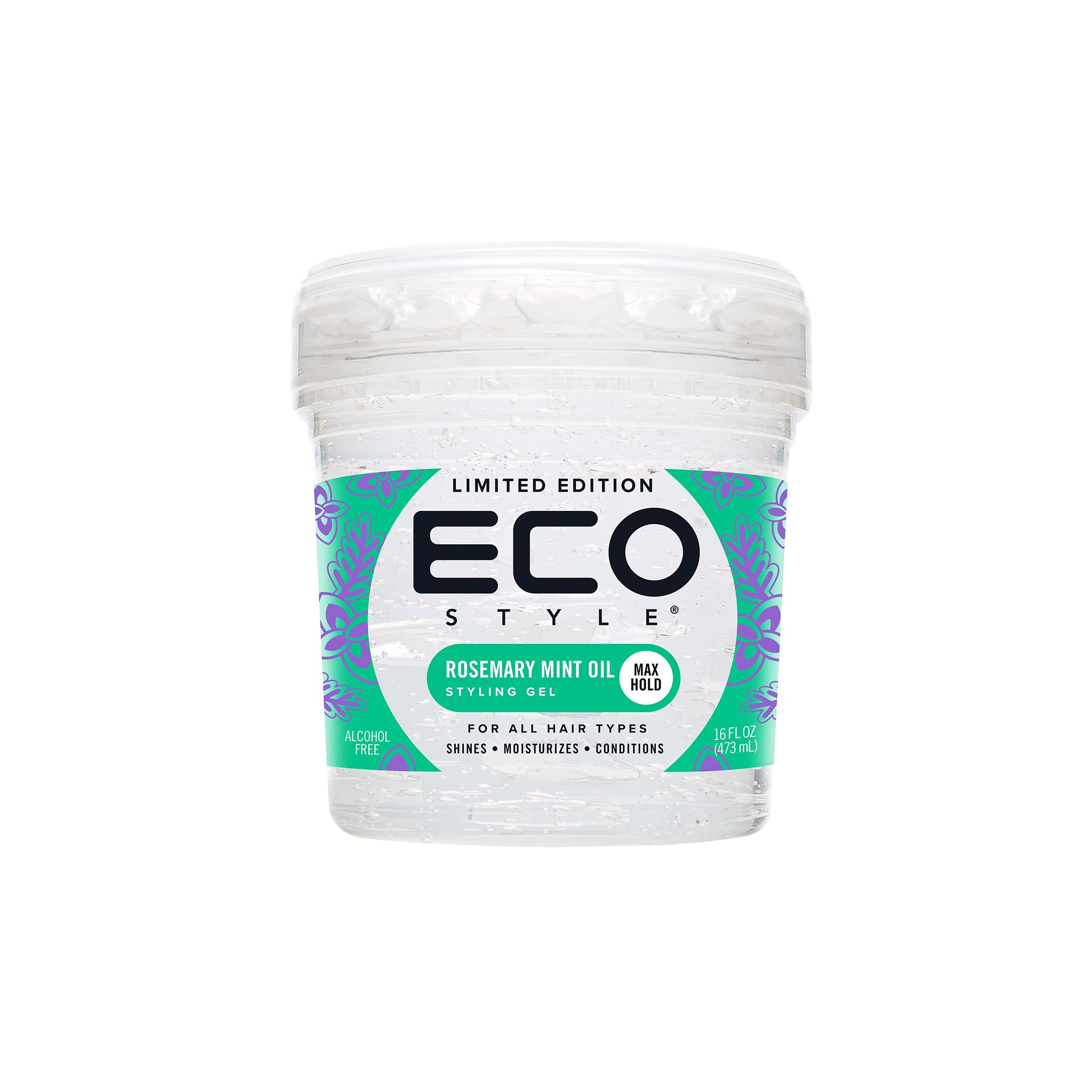 Klar beholder Eco Style Styling Gel Rosemary Mint Oil 236ml med lilla-grøn etiket, alkoholfri gelé til stærkt hold og frisk duft.