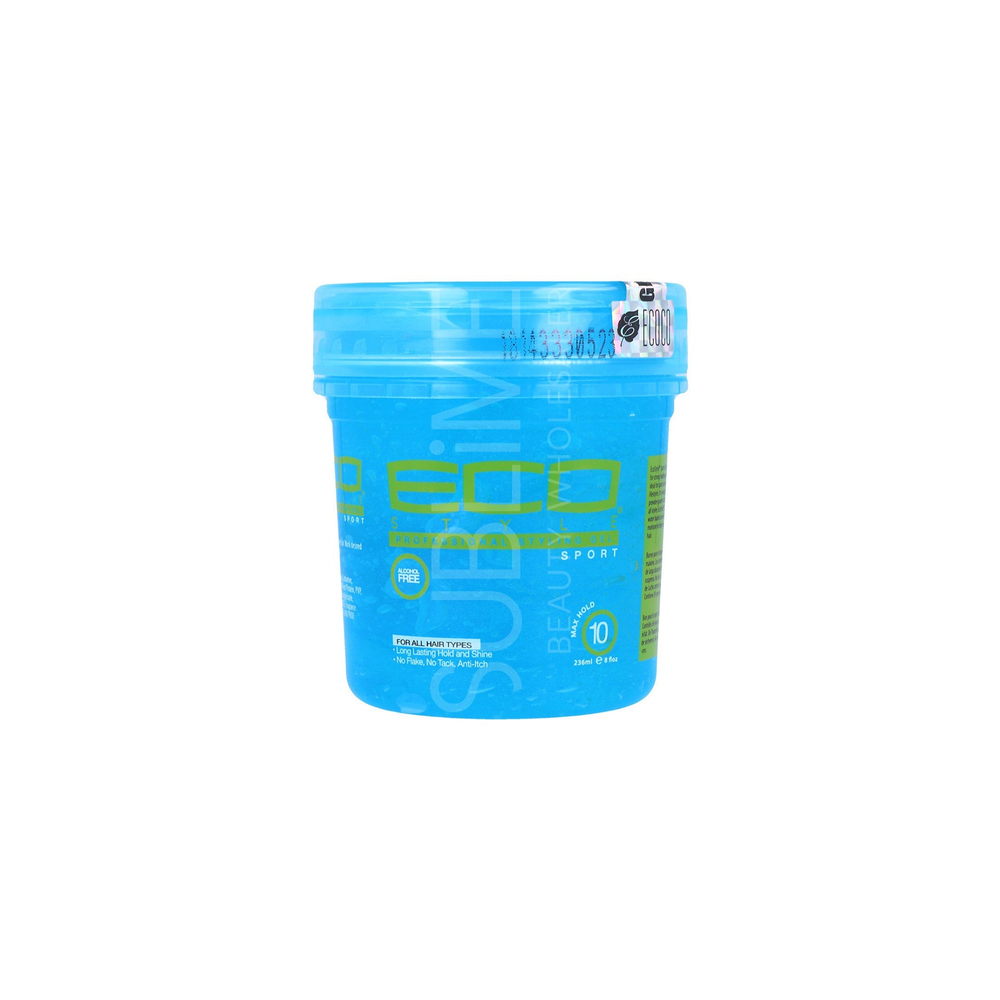 Blå beholder Eco Style Styling Gel Sport Blue 236ml med gennemsigtigt låg, alkoholfri hårgelé til stærkt hold og aktiv livsstil.