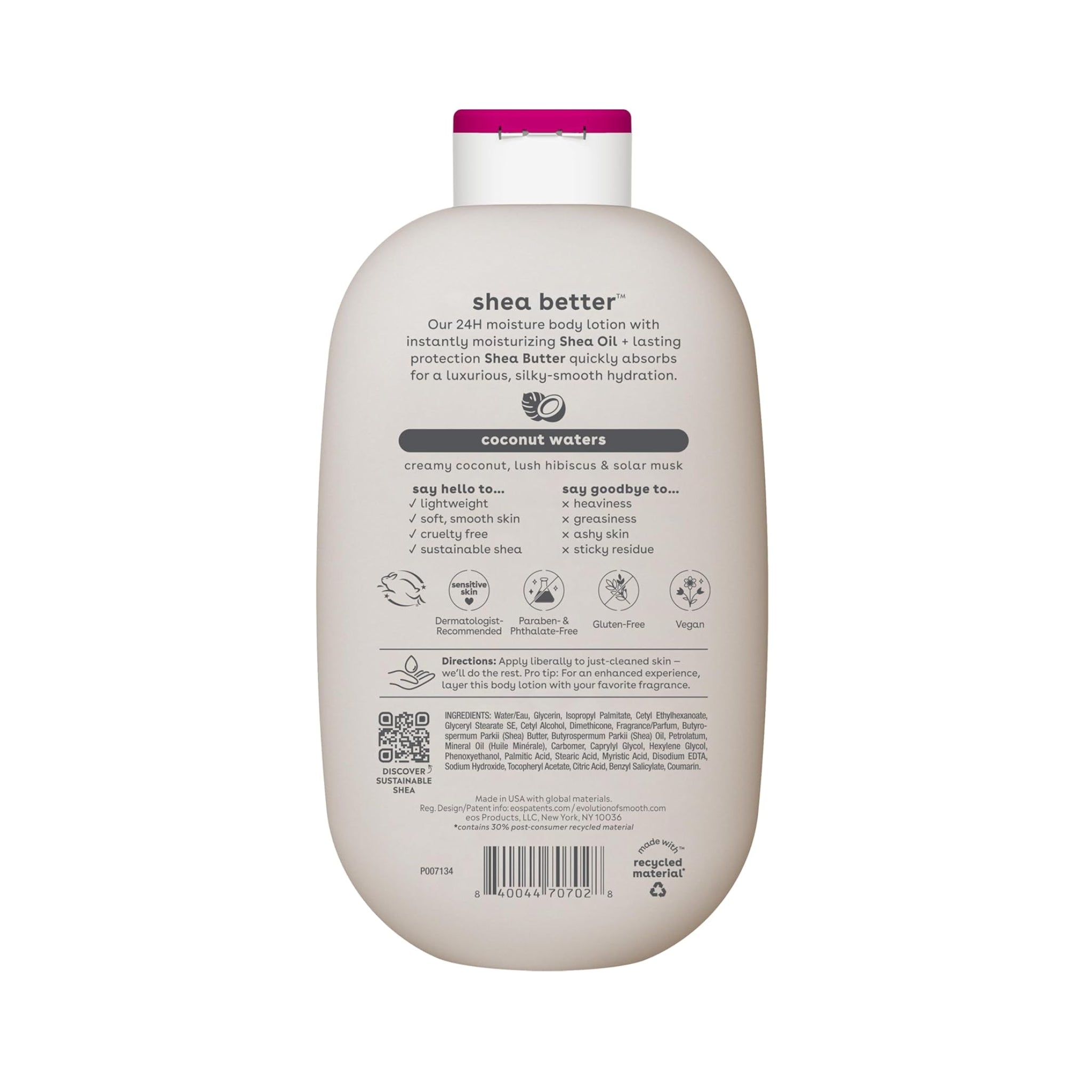 eos Shea Better bodylotion bagside med ingredienser, coconut waters duft og pink låg mod hvid baggrund.