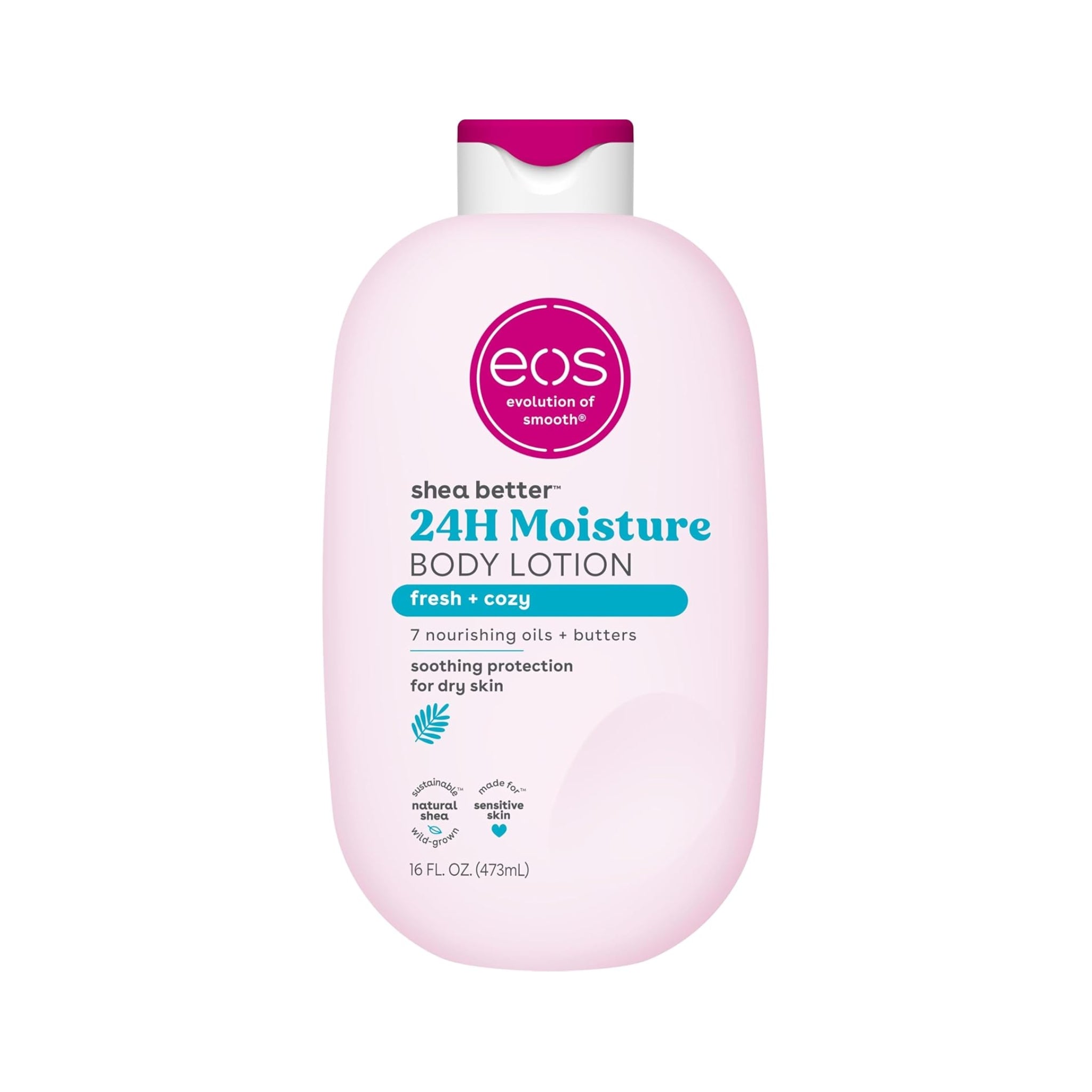 Lyserosa flaske eos Shea Better 24H Moisture Body Lotion med magenta låg og fresh + cozy duft.