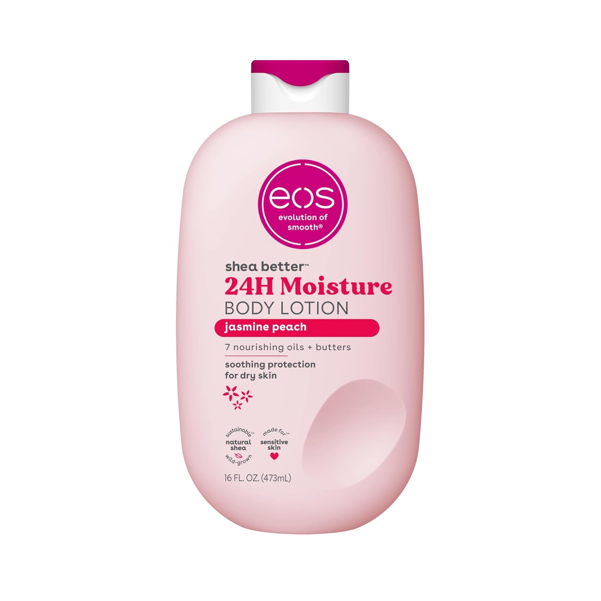 eos Shea Better 24H Moisture body lotion i lyserosa flaske med jasmin-fersken duft, 473 ml.