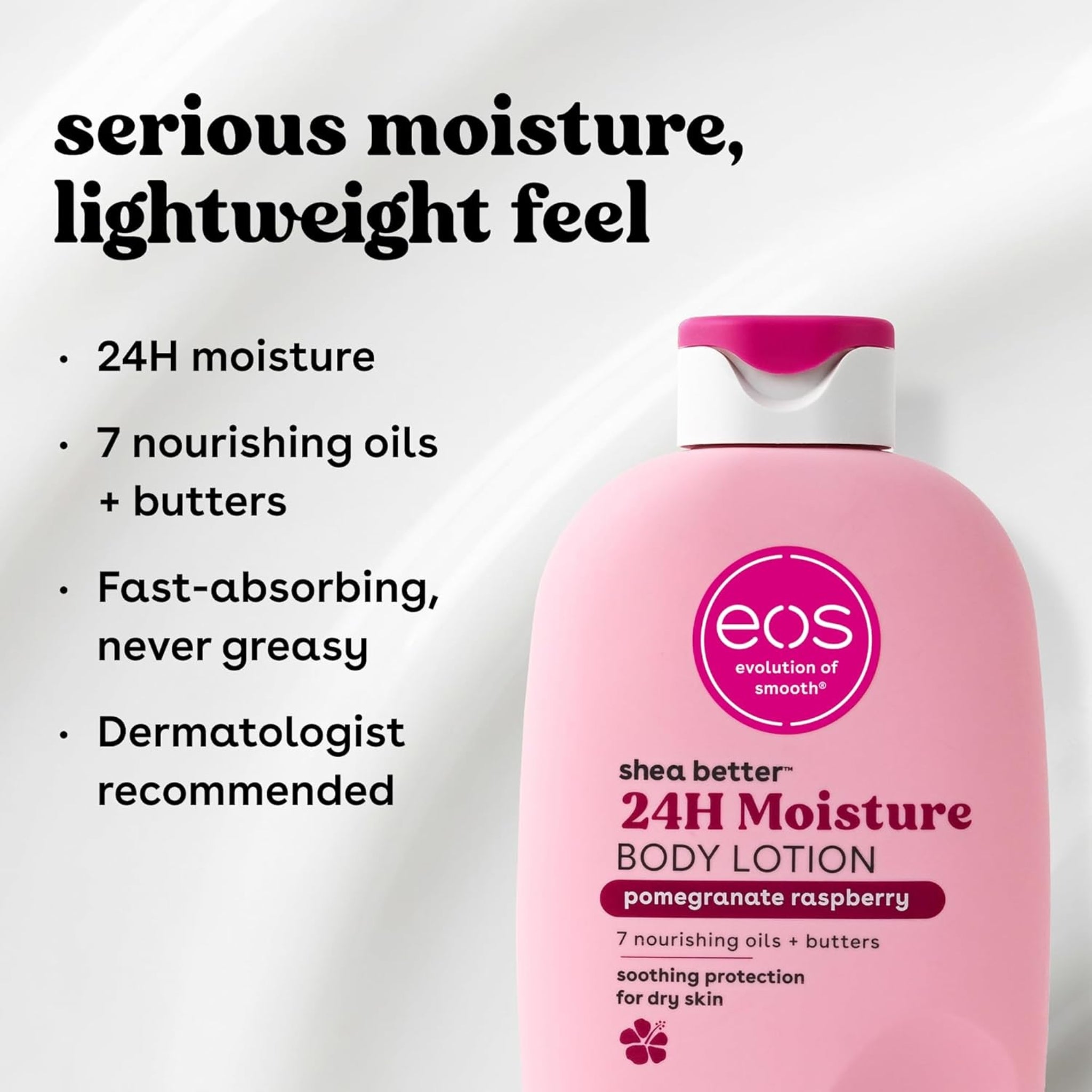 eos Shea Better 24H Moisture Body Lotion i pomegranate raspberry, lyserød flaske med pink låg mod hvid baggrund.