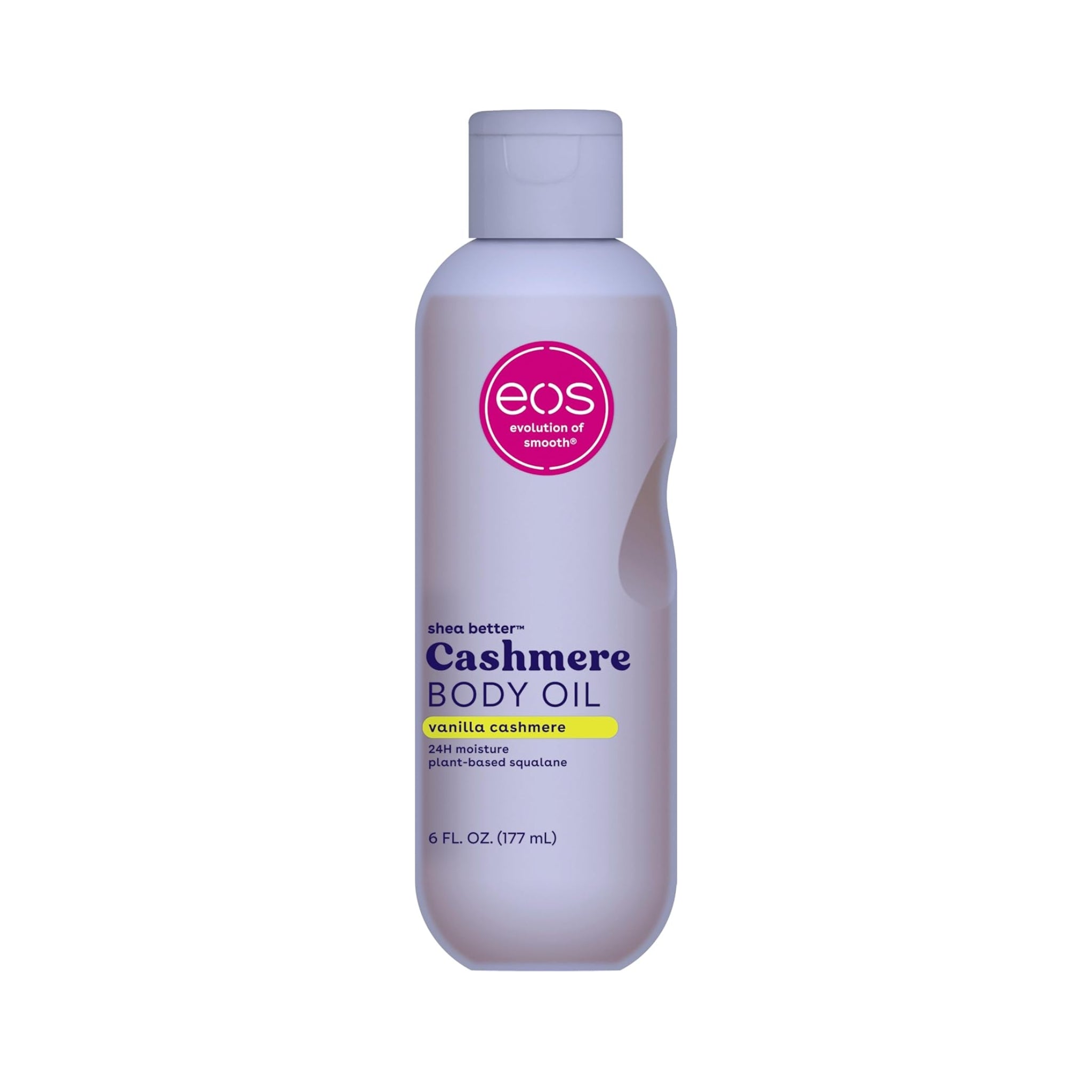 Eos Shea Better Cashmere Body Oil flaske i vanilla cashmere duft, 177 ml, lyslilla emballage med pink logo.