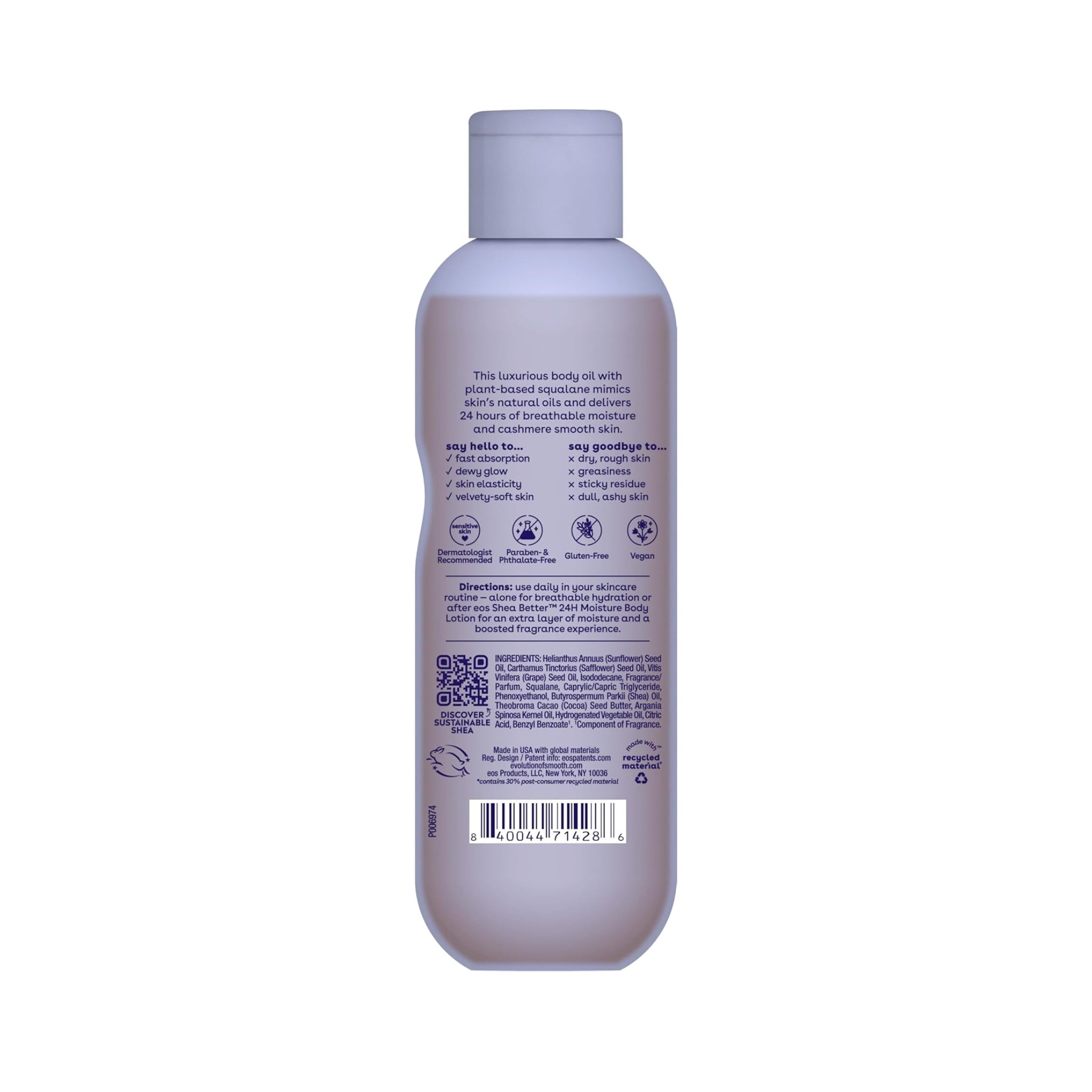 eos Shea Better body oil flaske med ingredienser, brugsanvisning og stregkode på bagsideetiket.