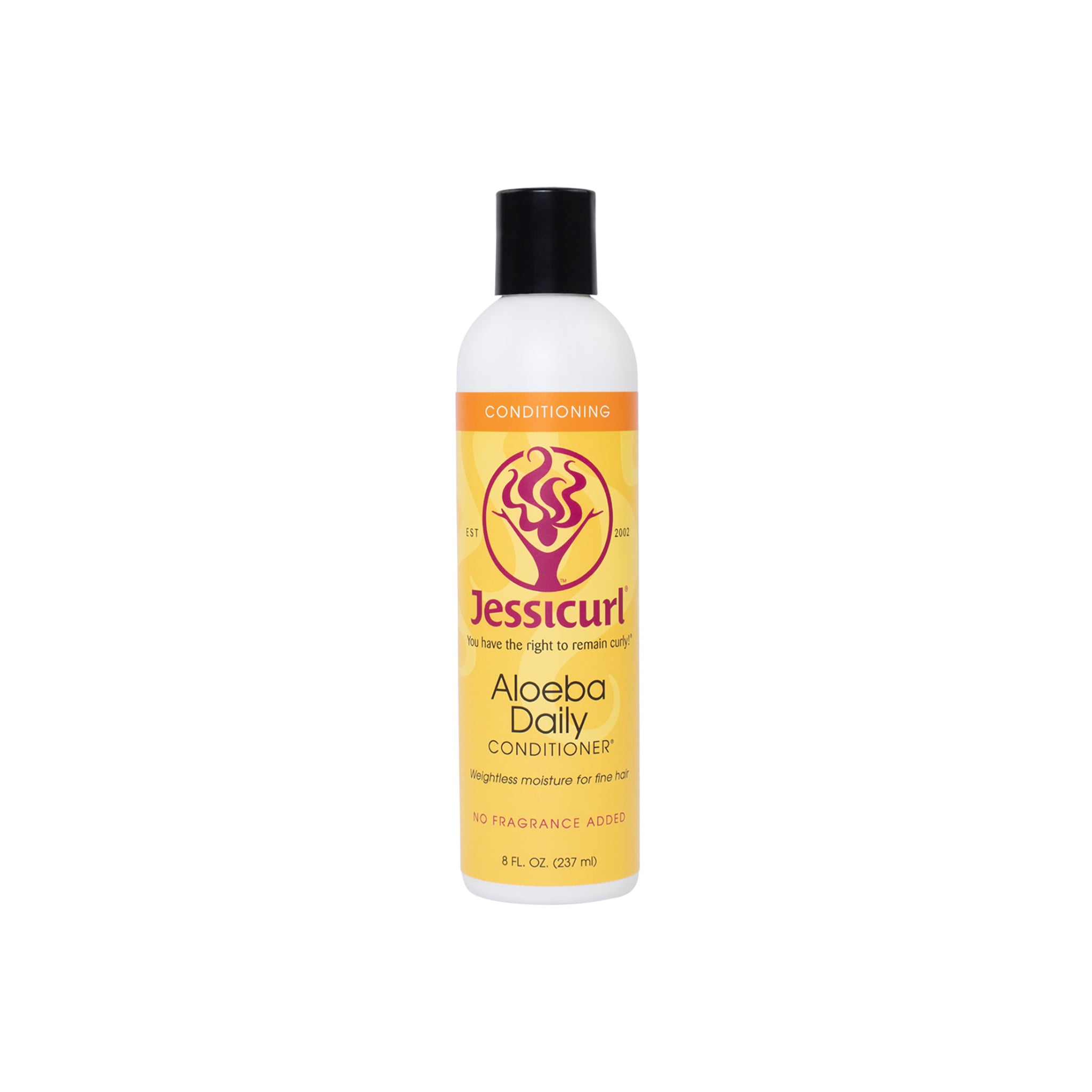 Jessicurl Aloeba Daily Conditioner 235ml i hvid flaske med sort låg og gul-orange etiket med lilla logo og orange top.
