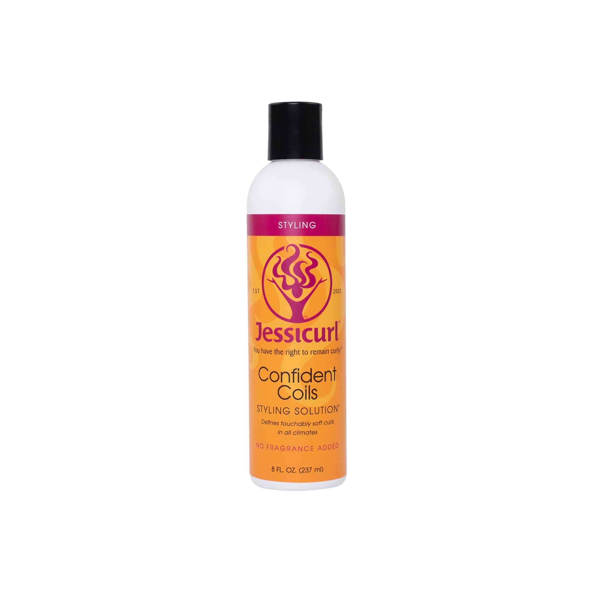 Jessicurl Confident Coils Styling Solution 235ml i hvid flaske med sort låg og orange etiket med pink top og lilla logo.