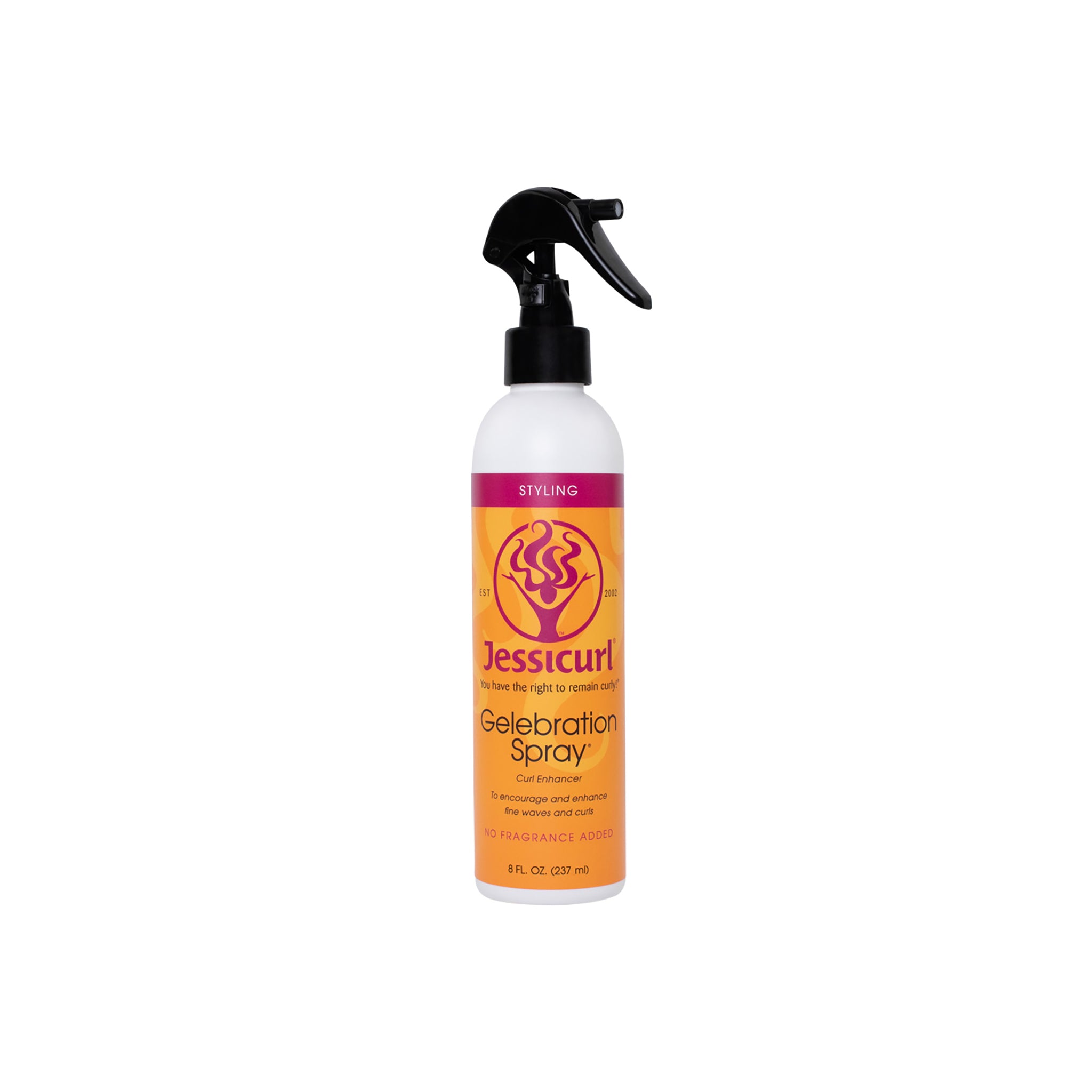 Jessicurl Gelebration Spray 235ml i hvid sprayflaske med sort triggerpumpe og gul-orange etiket med pink top.