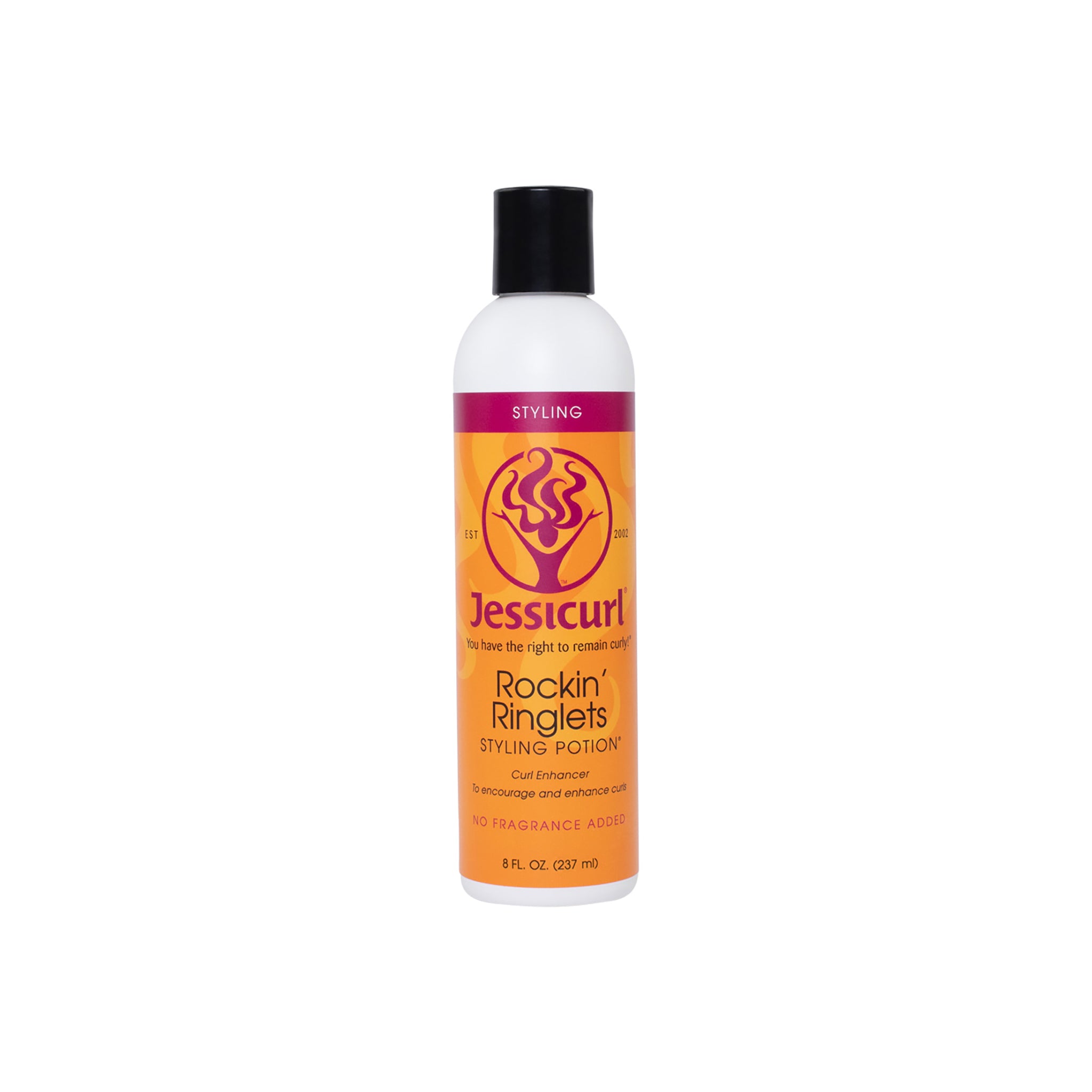 Jessicurl Rockin’ Ringlets Styling Potion 235ml i hvid flaske med sort låg og orange-lilla etiket med krøllemotiv.