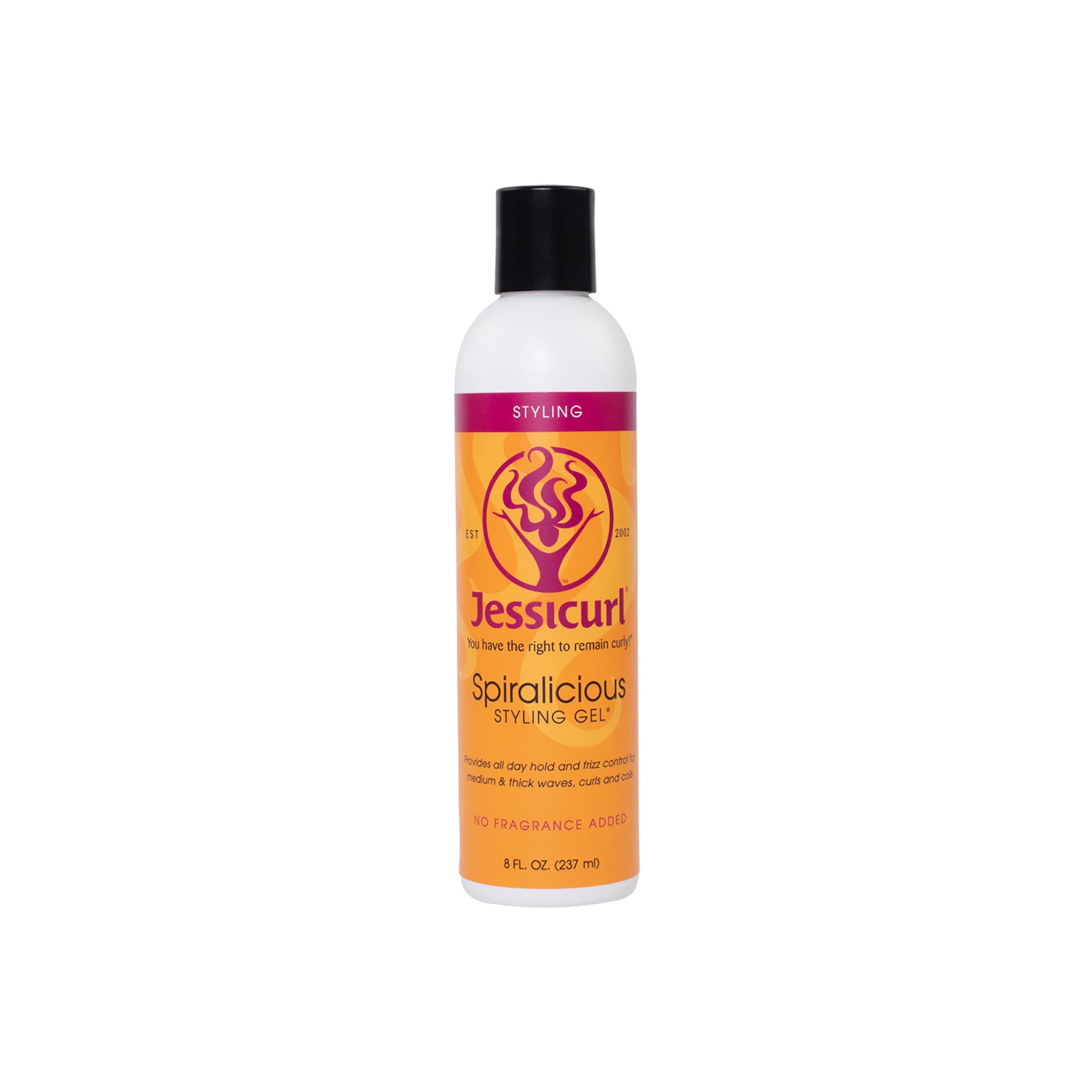Jessicurl Spiralicious Styling Gel 235ml i hvid flaske med sort låg og orange-lilla etiket med krøllet logo.