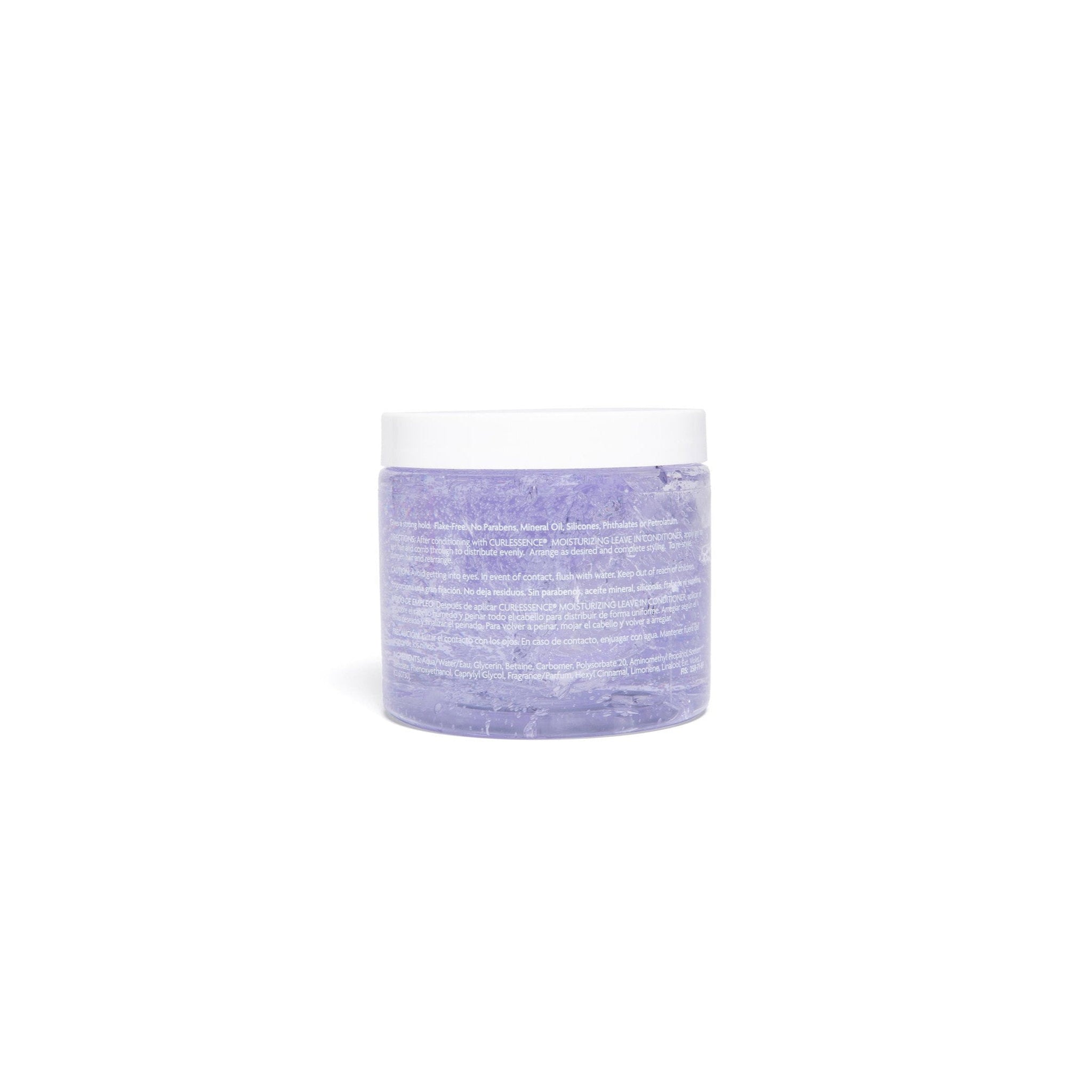 Billede af bagsiden af en klar beholder med hvidt låg, indeholdende lilla/blålig Keracare Gelessence Super Hold Gel. Tekst på etiketten fremhæver fraværet af parabener, mineralolie, silikoner og ftalater. Velegnet til naturligt og glattet hår. 455 gram.