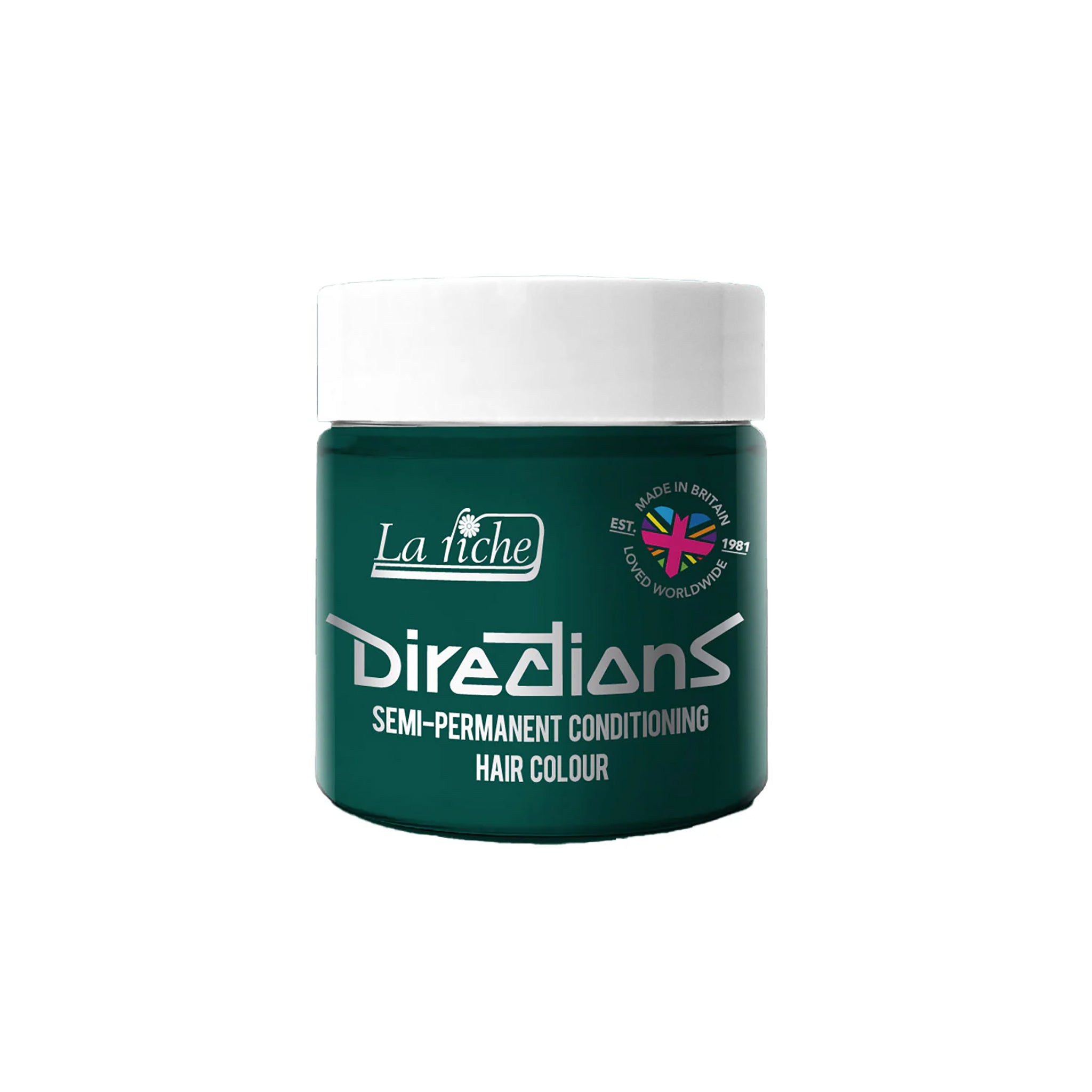 La Riche Directions Alpine Green hårfarve i mørkegrøn beholder med hvidt låg og logo, 88 ml semi-permanent farve.