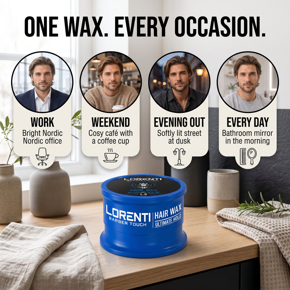 Lorenti Barber Touch hair wax i blå dåse med fire mandeportrætter til arbejde, weekend, aften og hverdag.