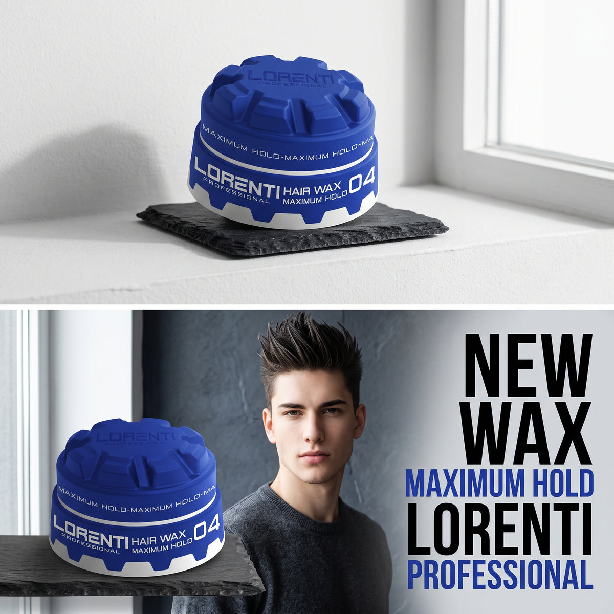 Lorenti Professional Hair Wax 04 Maximum Hold i blå dåse på vindueskarm, med mand med spidset sort hår.