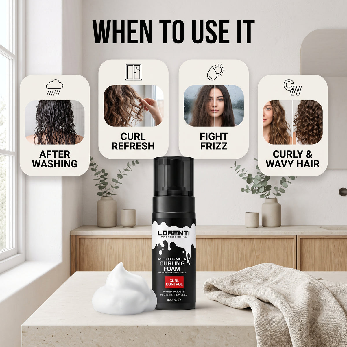 Lorenti Curling Foam curl control skumflaske med fire ikoner: efter vask, curl refresh, mod frizz, krøllet og bølget hår.