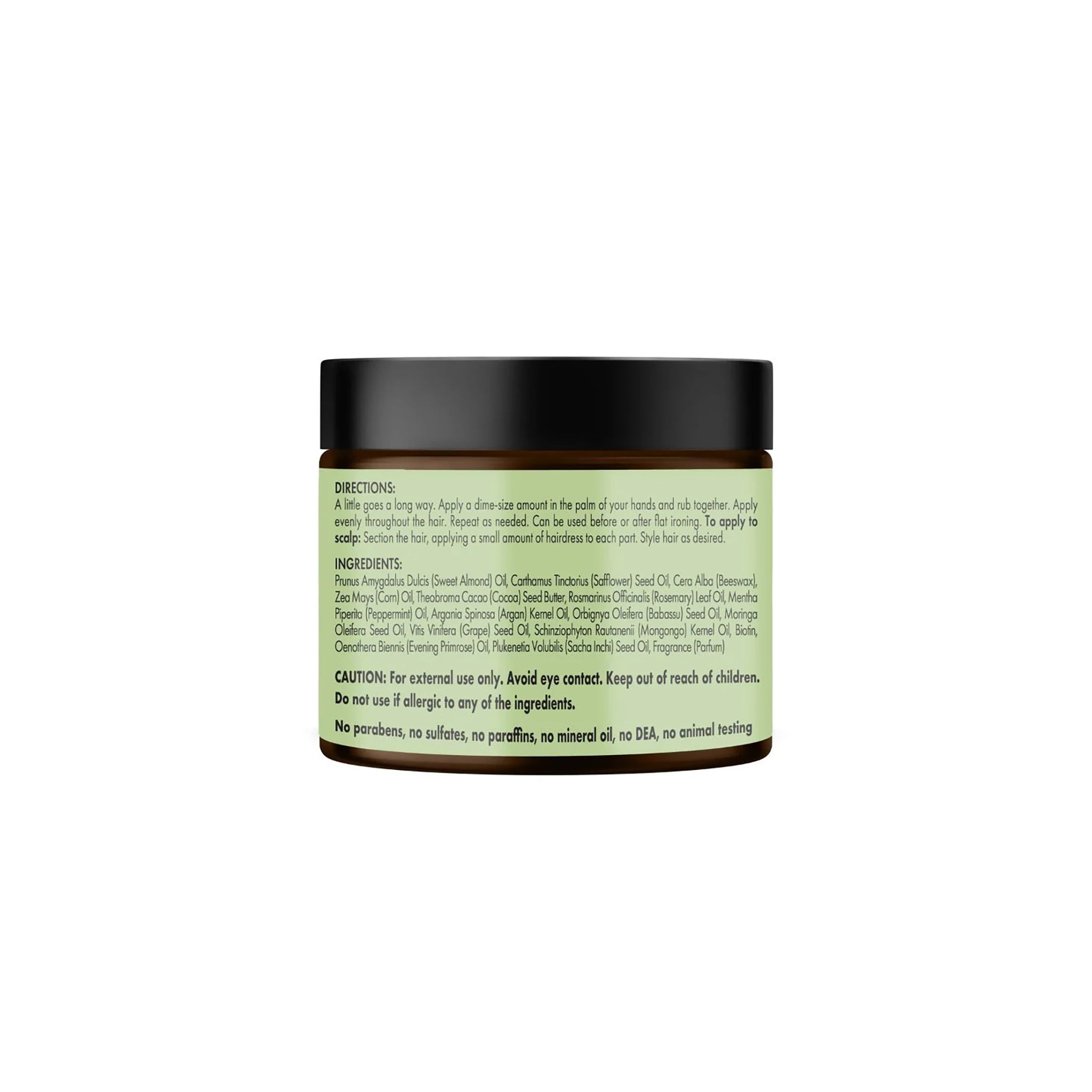 Bagside af Mielle Rosemary Mint Pomade-to-Oil Scalp & Hair Quencher 142gr med lysegrøn etiket, viser ingrediensliste og brugervejledning.