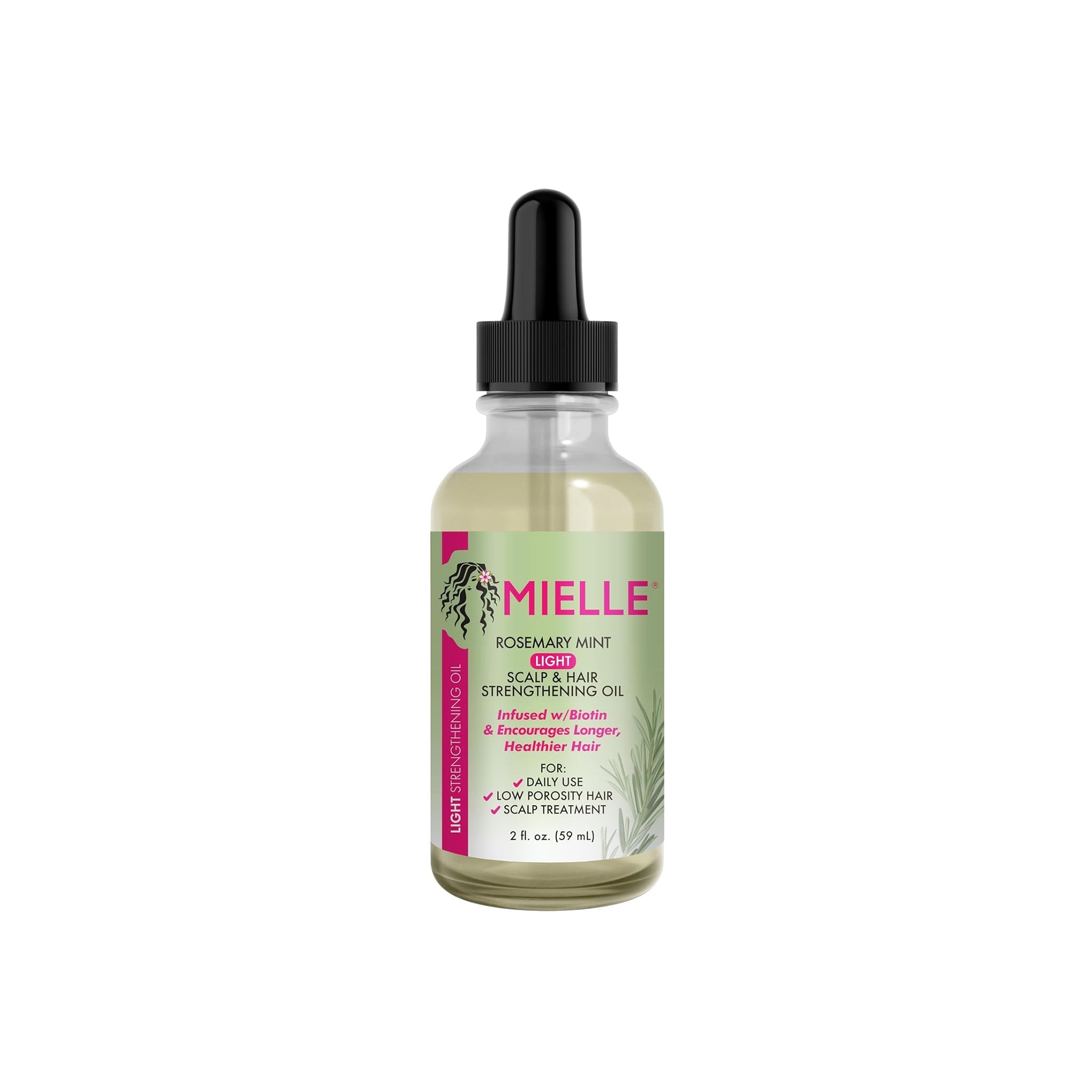 Glasflaske Mielle Rosemary Mint Scalp & Hair Strengthening Oil Light 59ml med pipette, let hårolie med biotin til lav porøsitet og daglig brug.