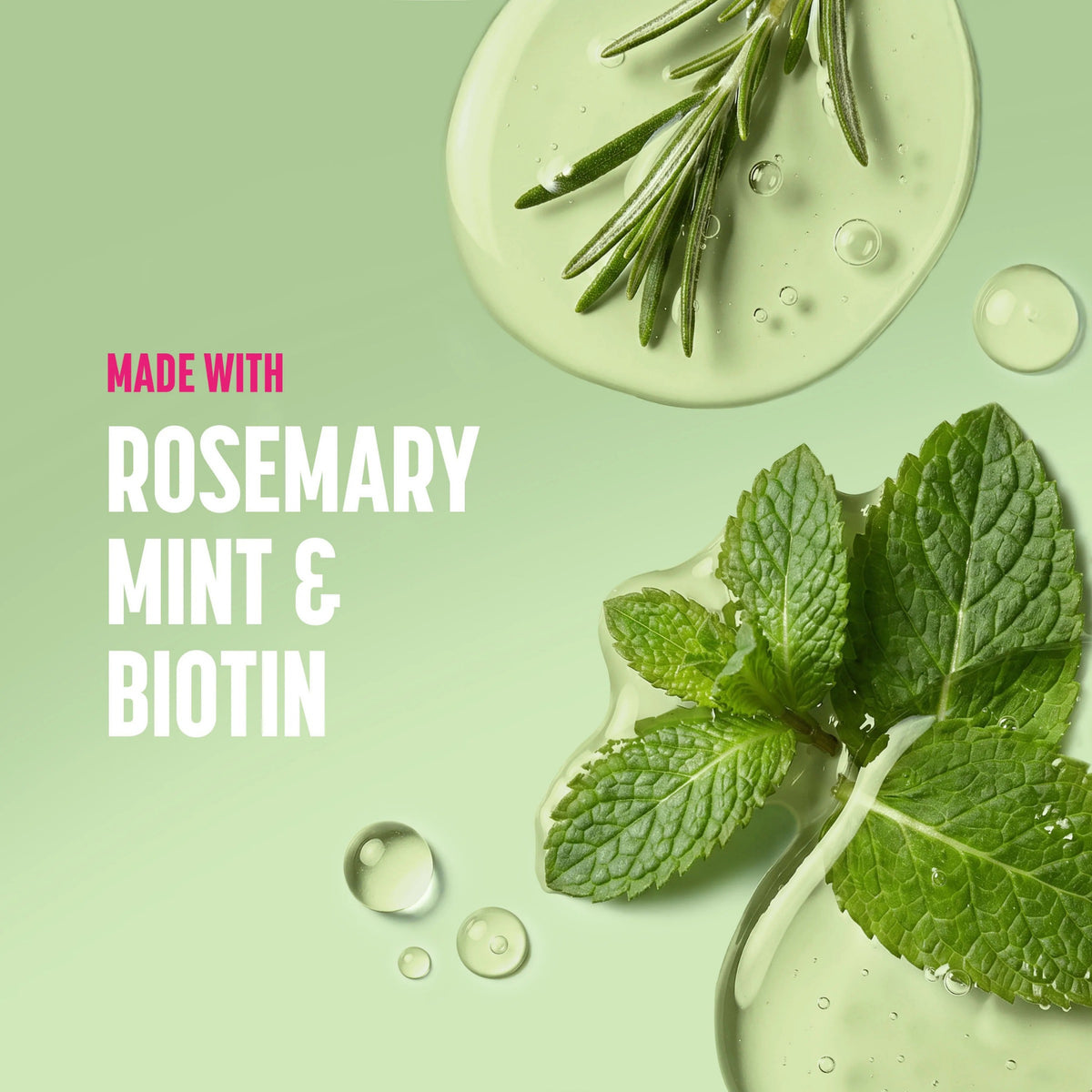 Rosemary Mint & Biotin-hårprodukt med gel, friske rosmarinkviste og mynteblade på lysegrøn baggrund.