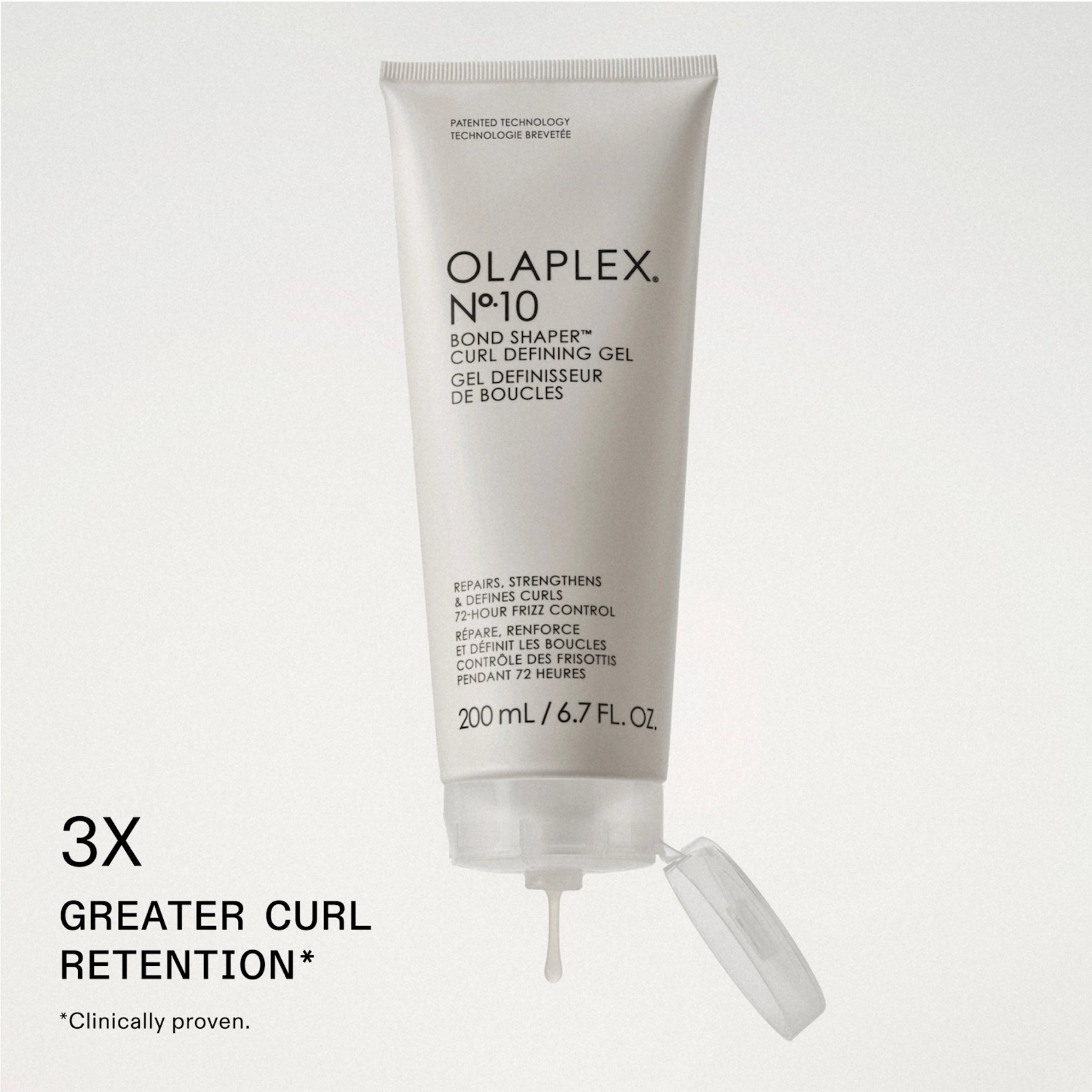 Olaplex Nº10 Bond Shaper Curl Defining Gel 200 ml tube med åben hætte og 3X bedre krølleholdbarhed.