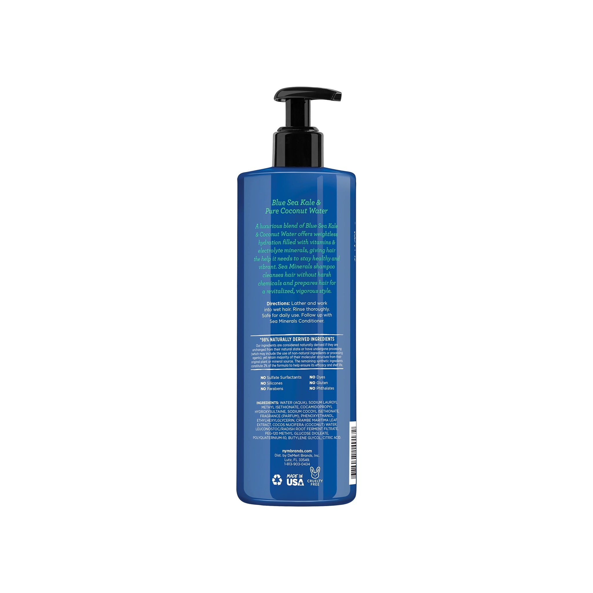 Bagside af Not Your Mother's Naturals Blue Sea Kale & Pure Coconut Water Sea Minerals Shampoo med beskrivelse og ingredienser.