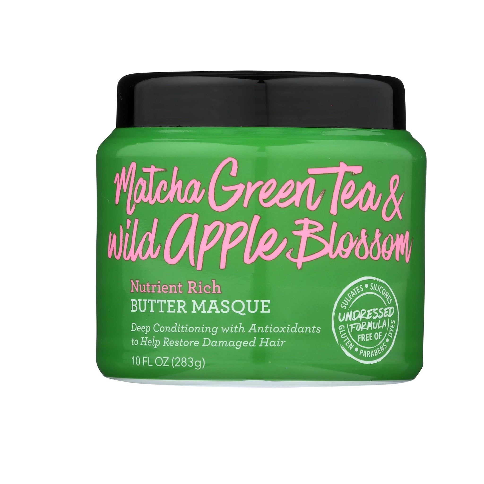 Not Your Mother's Matcha Green Tea & Wild Apple Blossom Butter Masque 283 g i grøn beholder med sort låg og lyserød tekst.