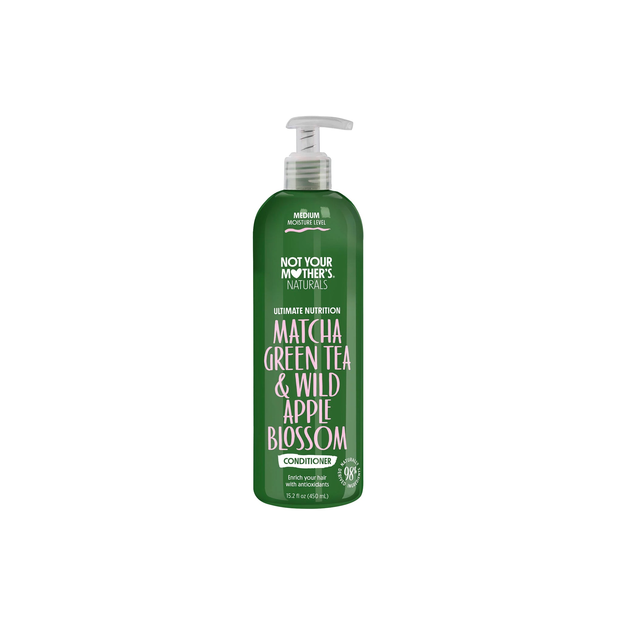 Not Your Mother's Matcha Green Tea & Wild Apple Blossom Conditioner 473 ml i grøn flaske med hvid pumpe og lyserød tekst.