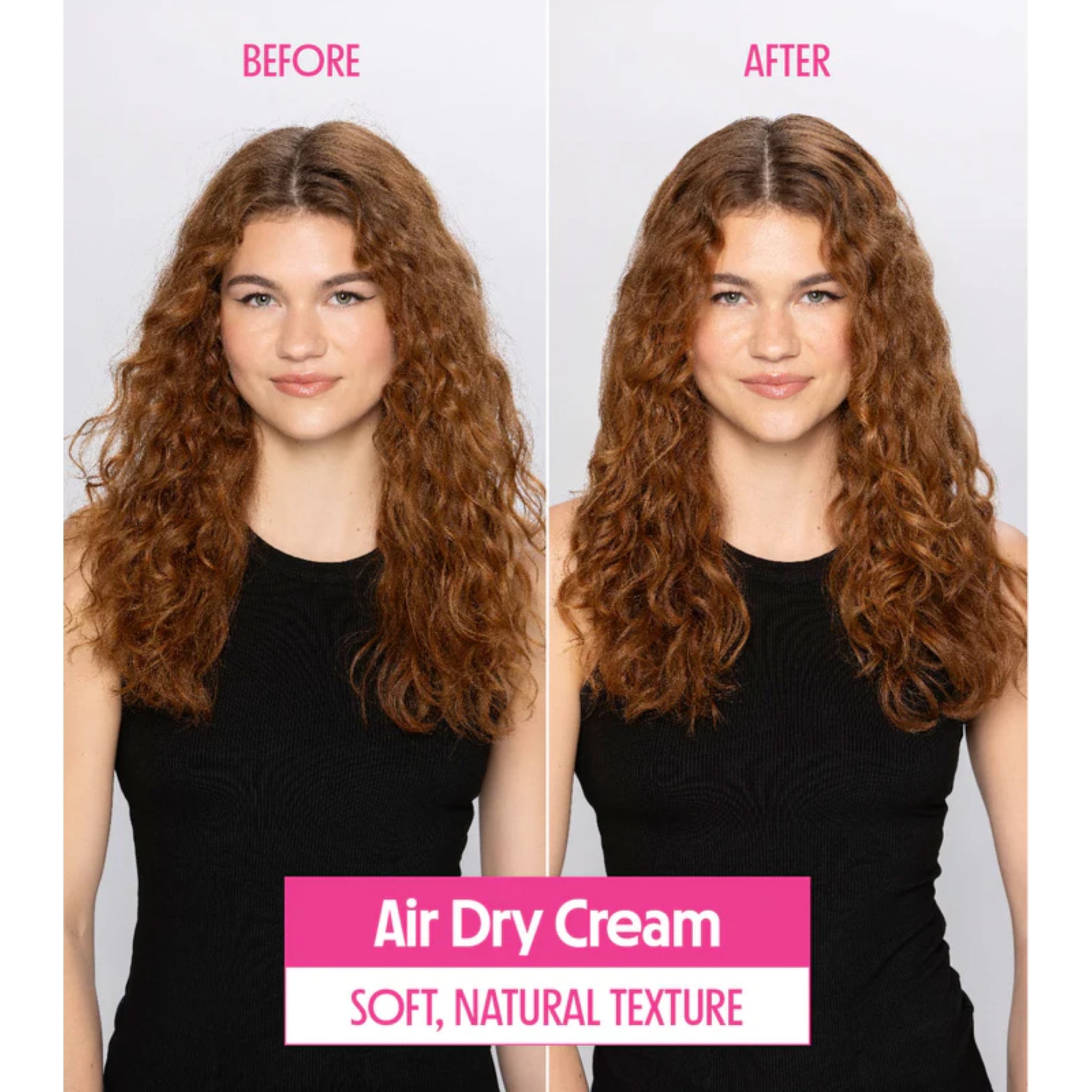 Air Dry Cream før og efter: kvinde med krøllet brunt hår viser blødere, mere defineret naturlig tekstur.