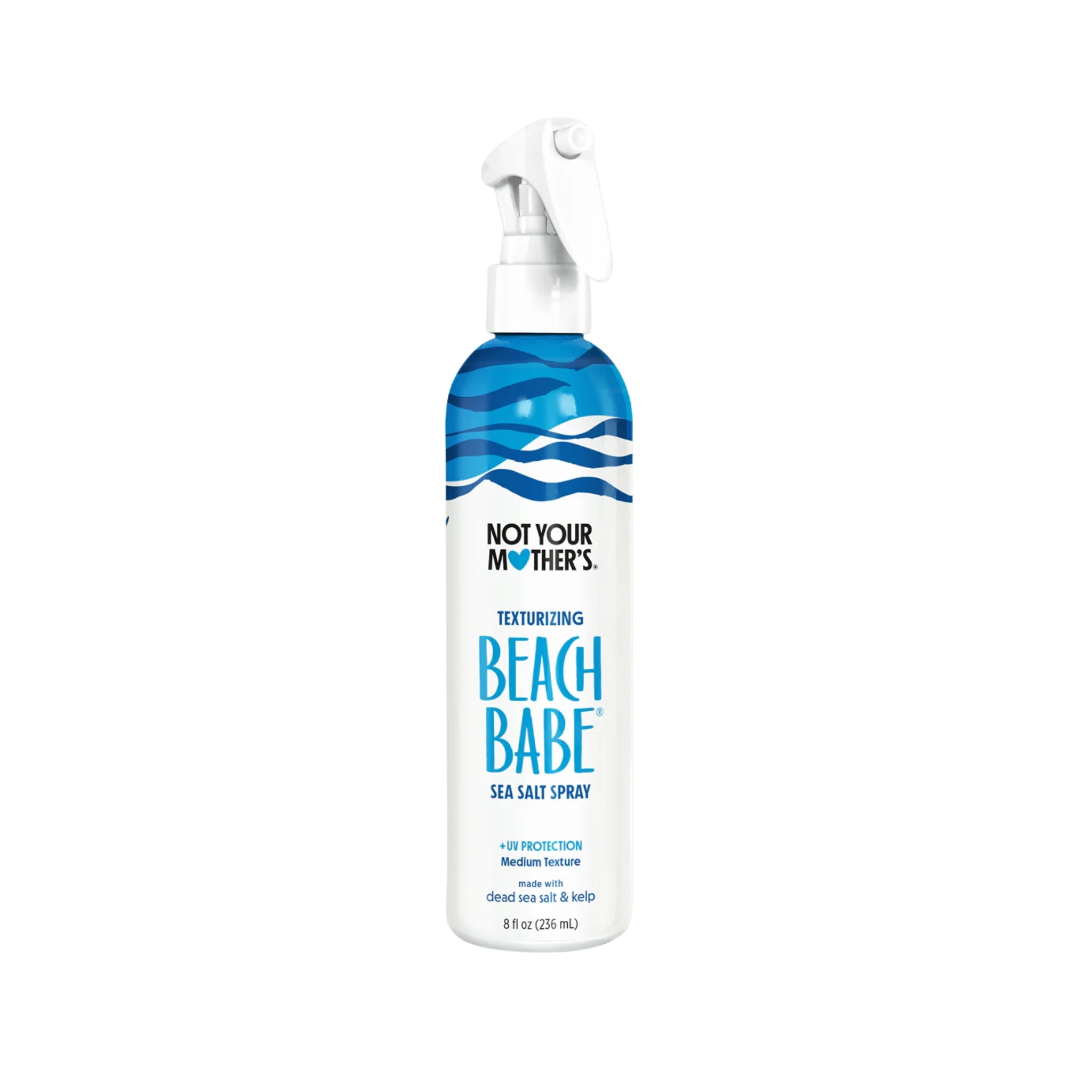 Not Your Mother's Beach Babe teksturerende sea salt spray med UV-beskyttelse, 236 ml flaske med blå bølgedesign.